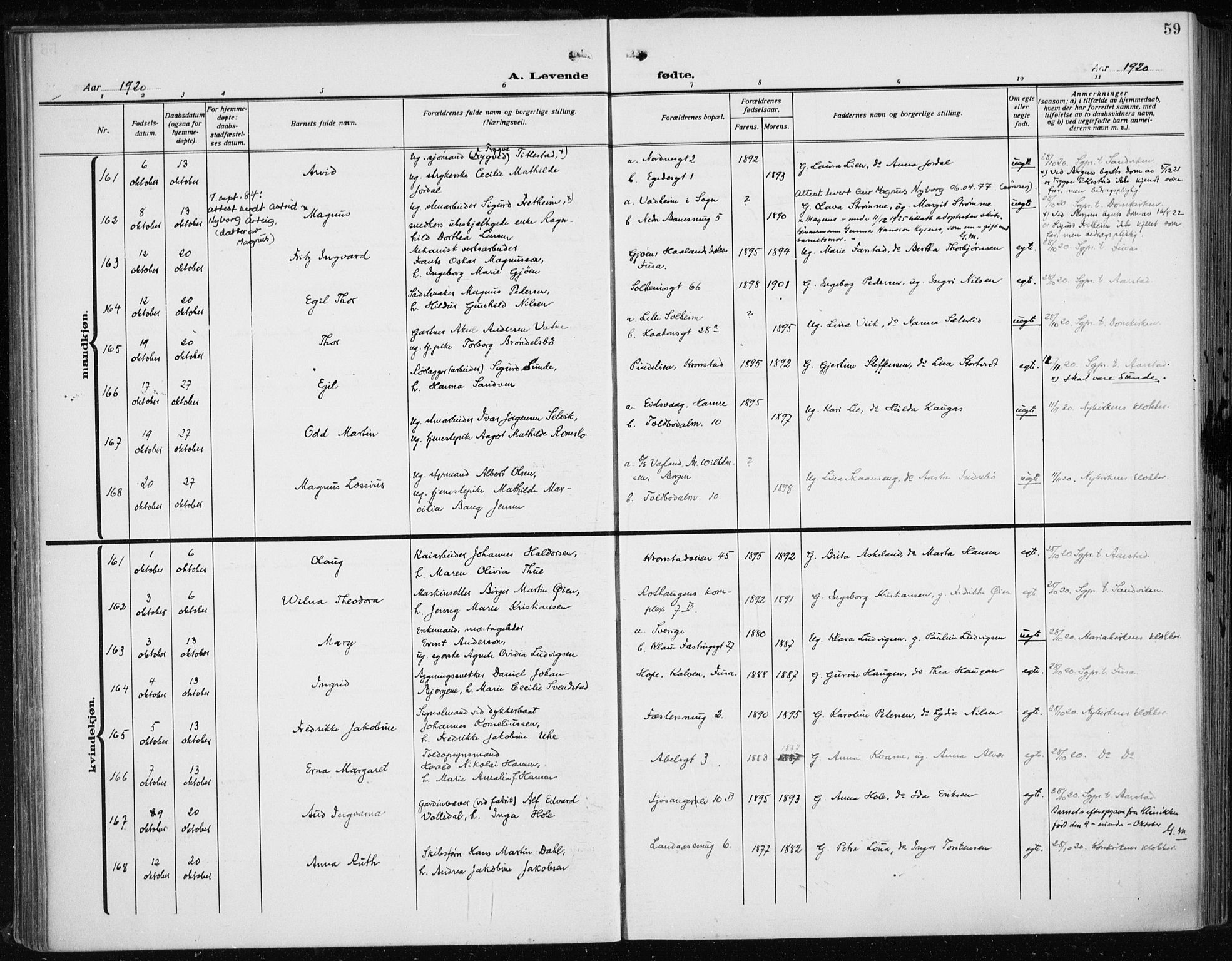 Fødselsstiftelsens sokneprestembete*, SAB/-: Parish register (official) no. A 5, 1918-1926, p. 59