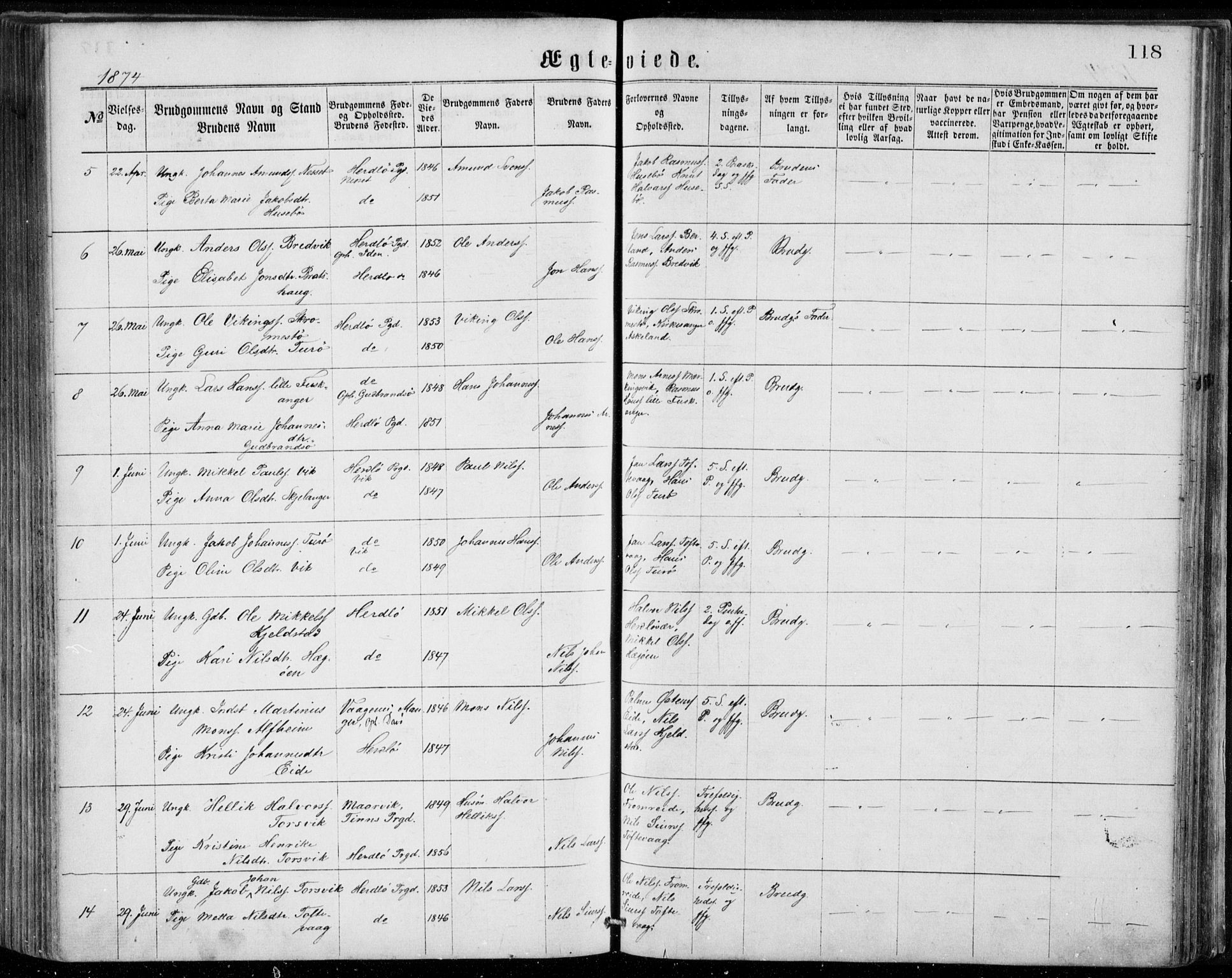 Herdla Sokneprestembete, AV/SAB-A-75701/H/Haa: Parish register (official) no. A 2, 1869-1877, p. 118