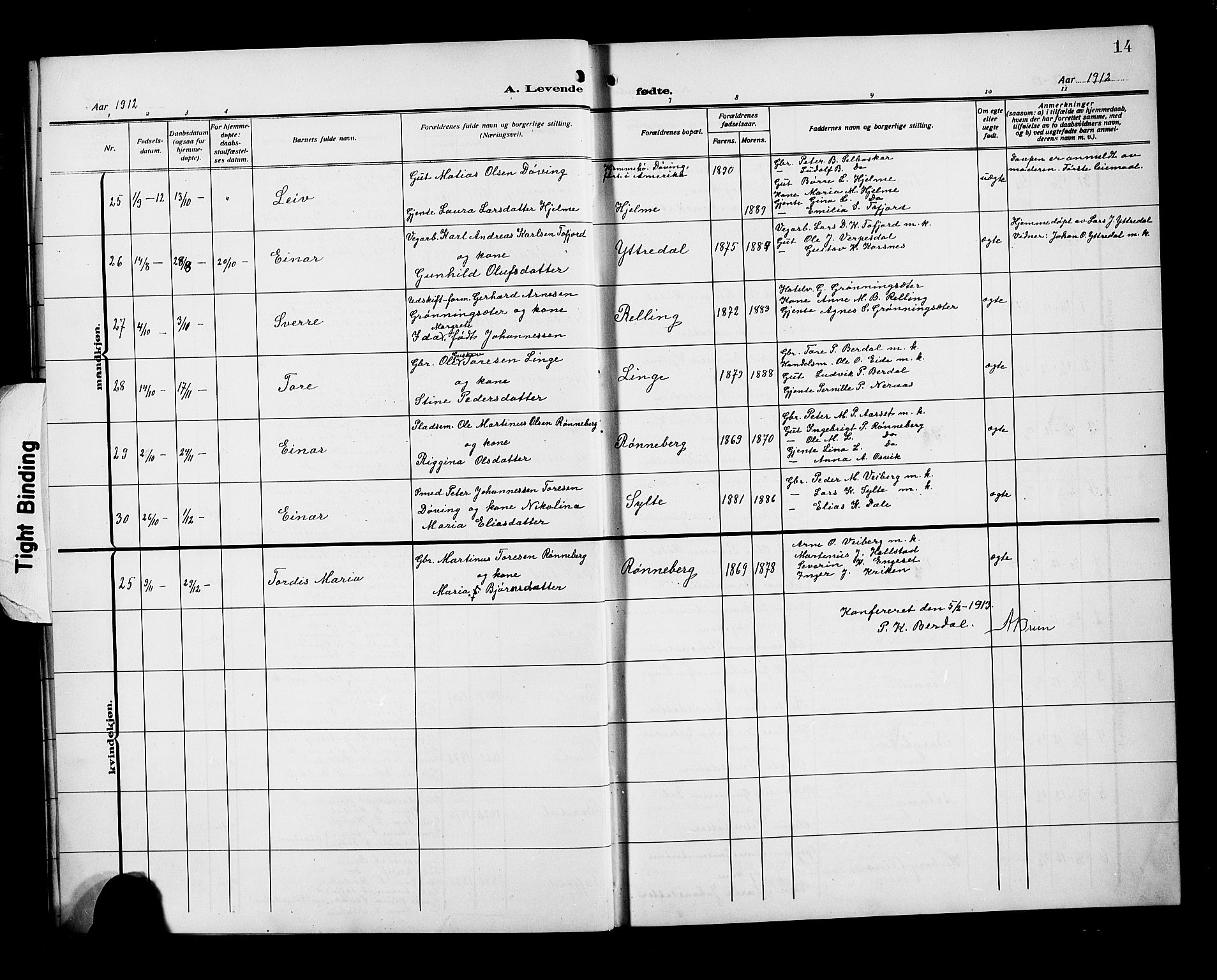 Ministerialprotokoller, klokkerbøker og fødselsregistre - Møre og Romsdal, SAT/A-1454/519/L0265: Parish register (copy) no. 519C06, 1911-1921, p. 14