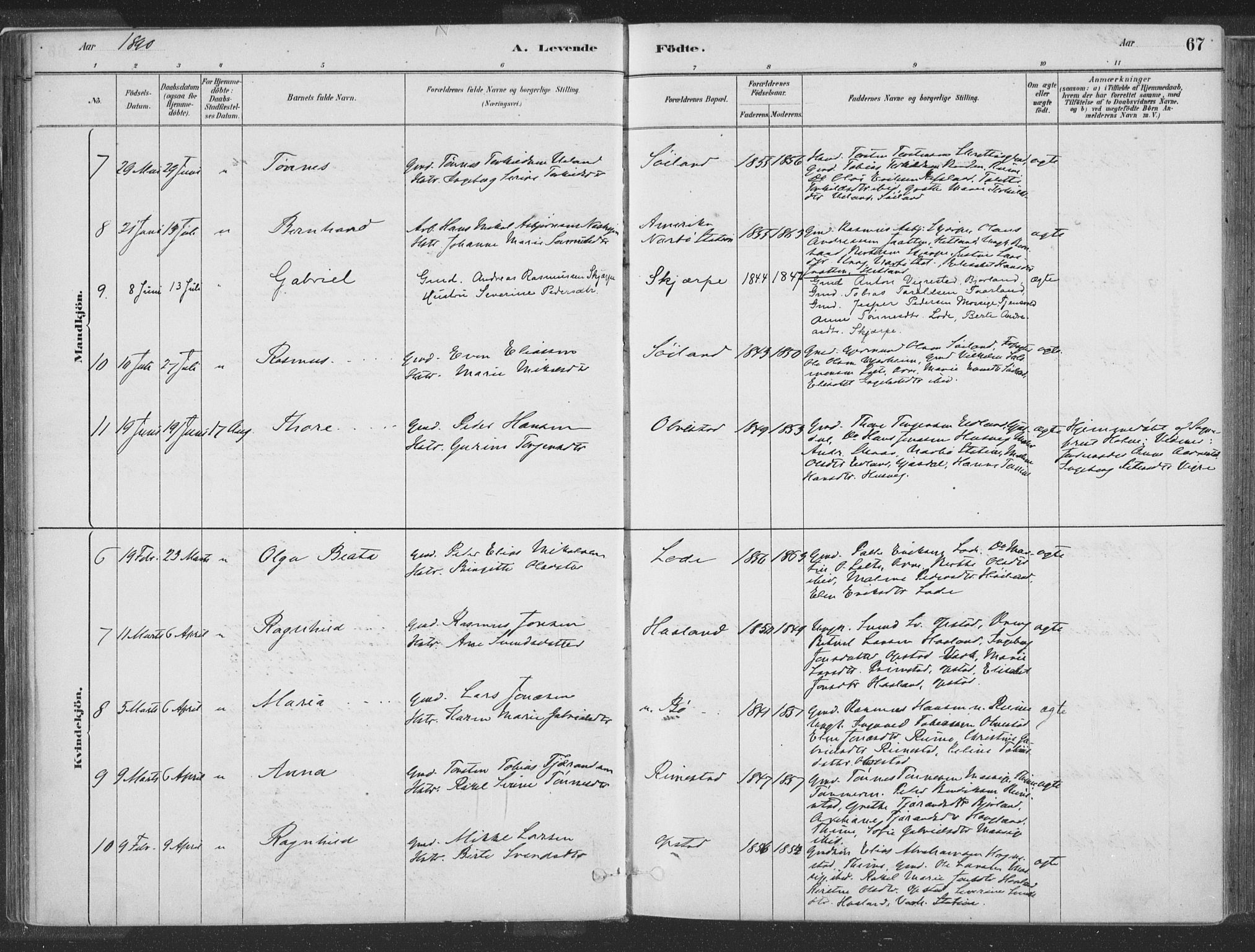 Hå sokneprestkontor, AV/SAST-A-101801/001/30BA/L0010: Parish register (official) no. A 9, 1879-1896, p. 67