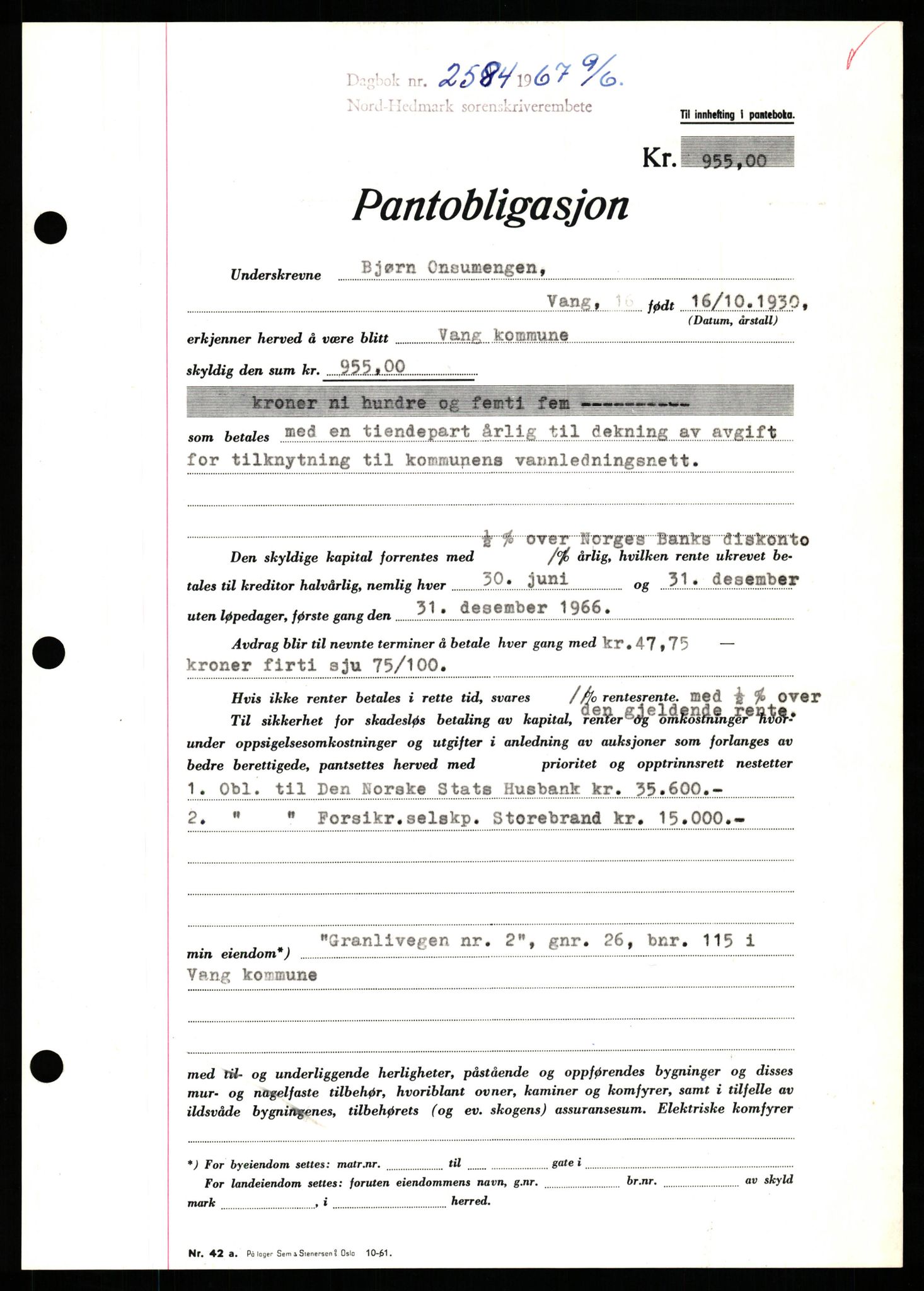 Nord-Hedmark sorenskriveri, SAH/TING-012/H/Hb/Hbf/L0071: Mortgage book no. B71, 1967-1967, Diary no: : 2584/1967