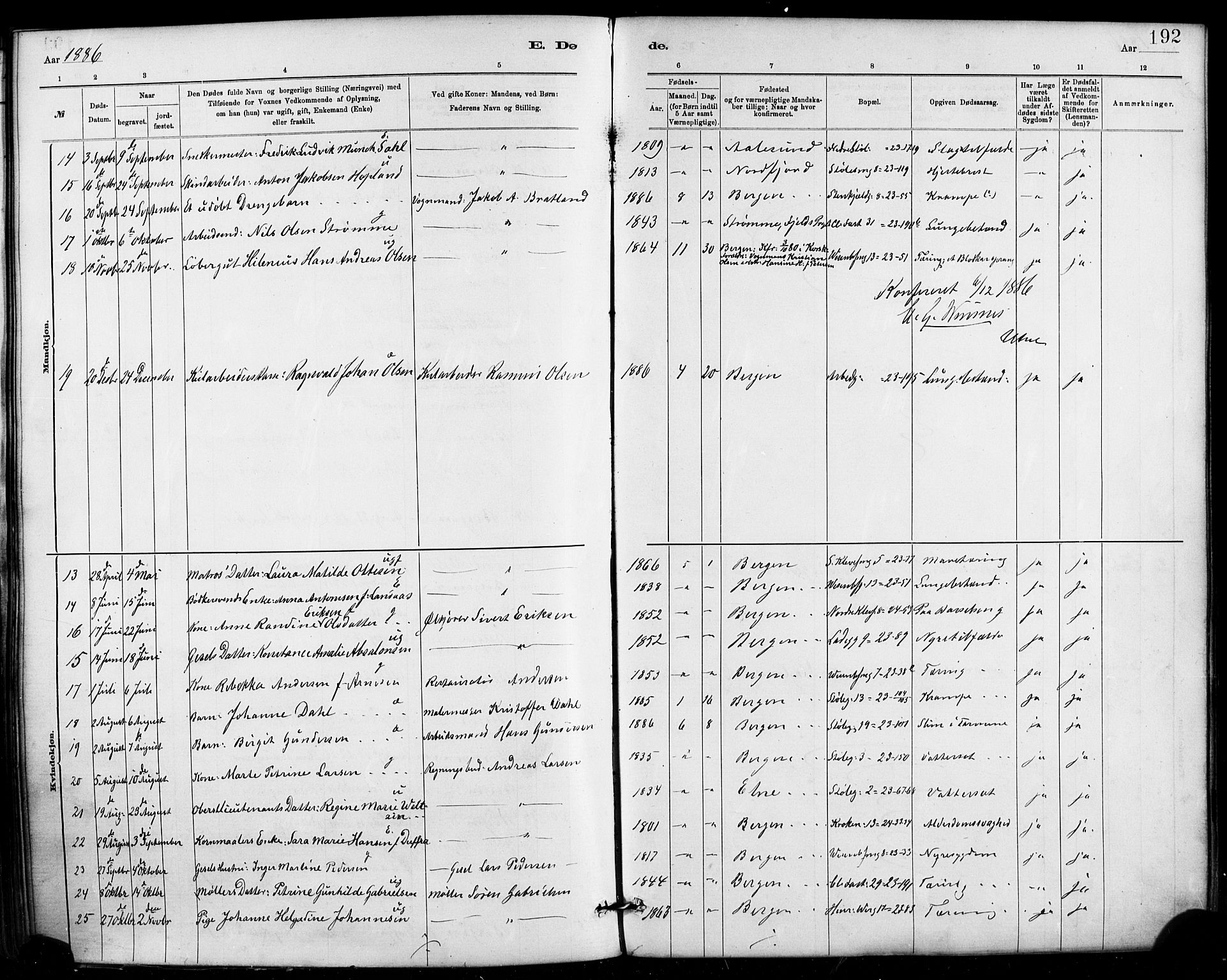 Mariakirken Sokneprestembete, AV/SAB-A-76901/H/Haa/L0007: Parish register (official) no. A 7, 1878-1893, p. 192