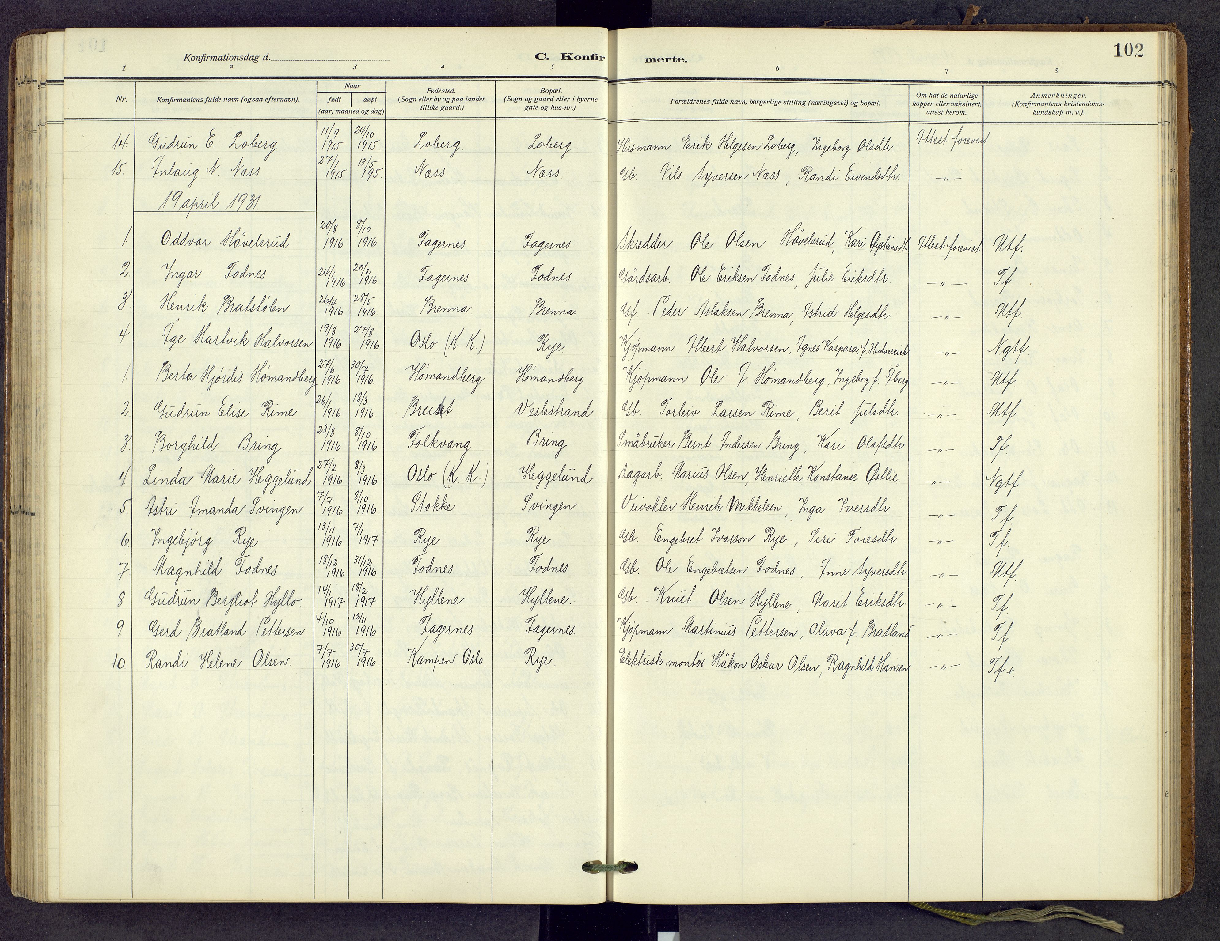 Nord-Aurdal prestekontor, AV/SAH-PREST-132/H/Ha/Hab/L0013: Parish register (copy) no. 13, 1911-1948, p. 102