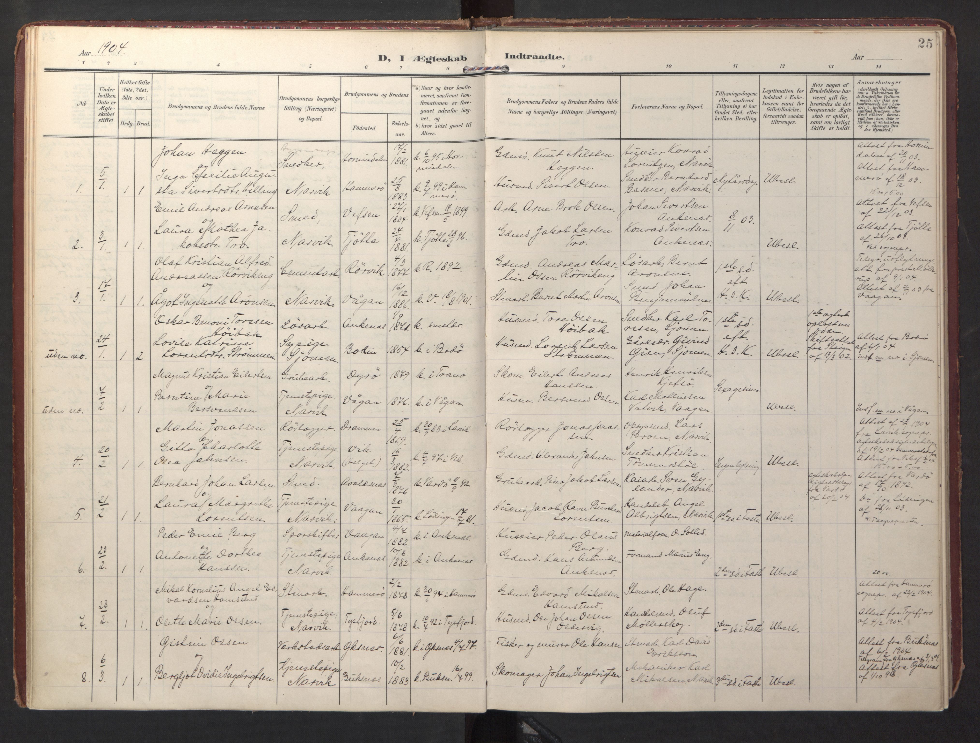 Ministerialprotokoller, klokkerbøker og fødselsregistre - Nordland, SAT/A-1459/871/L0999: Parish register (official) no. 871A15, 1902-1917, p. 25