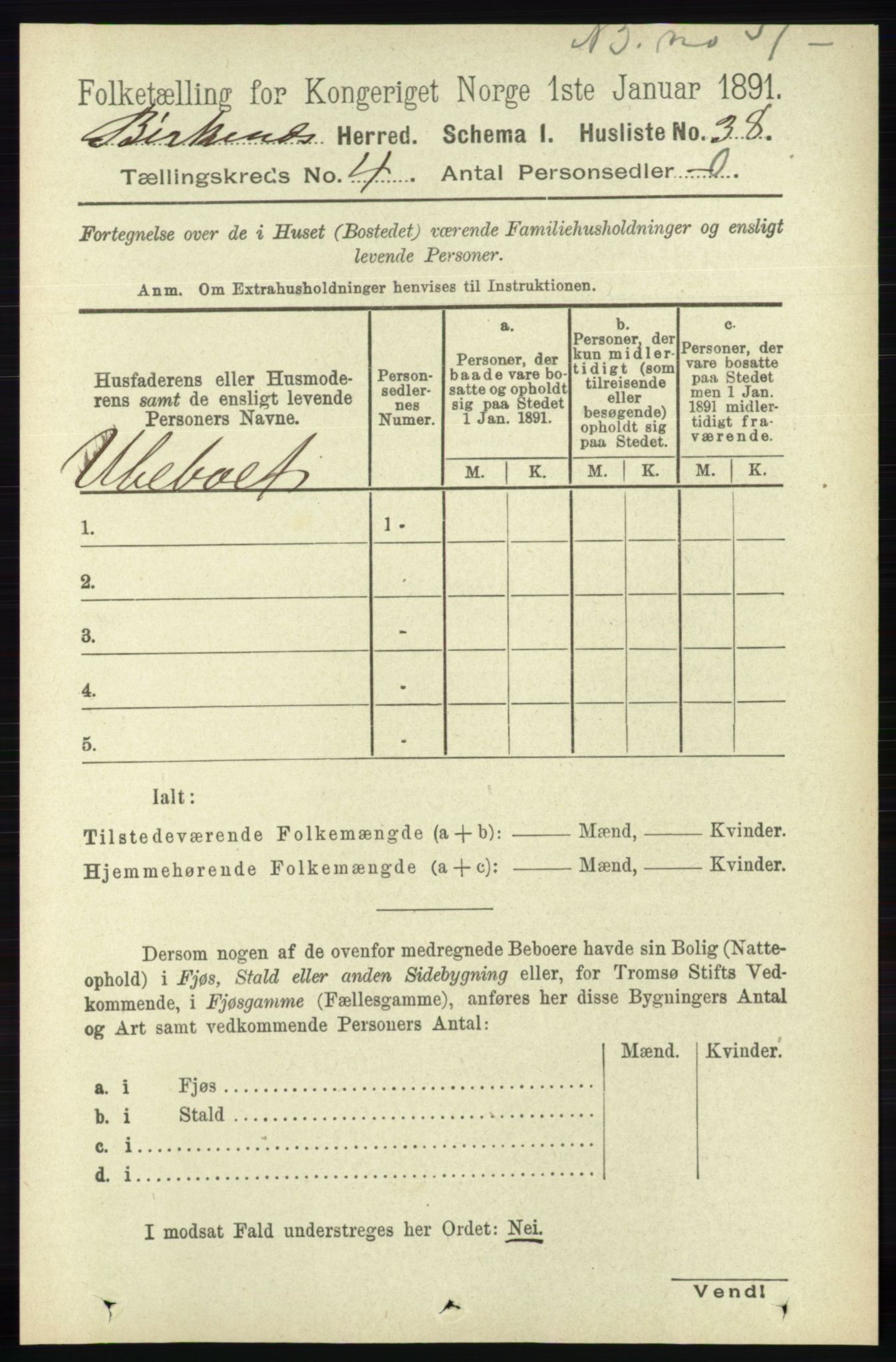 RA, 1891 Census for 0928 Birkenes, 1891, p. 1239