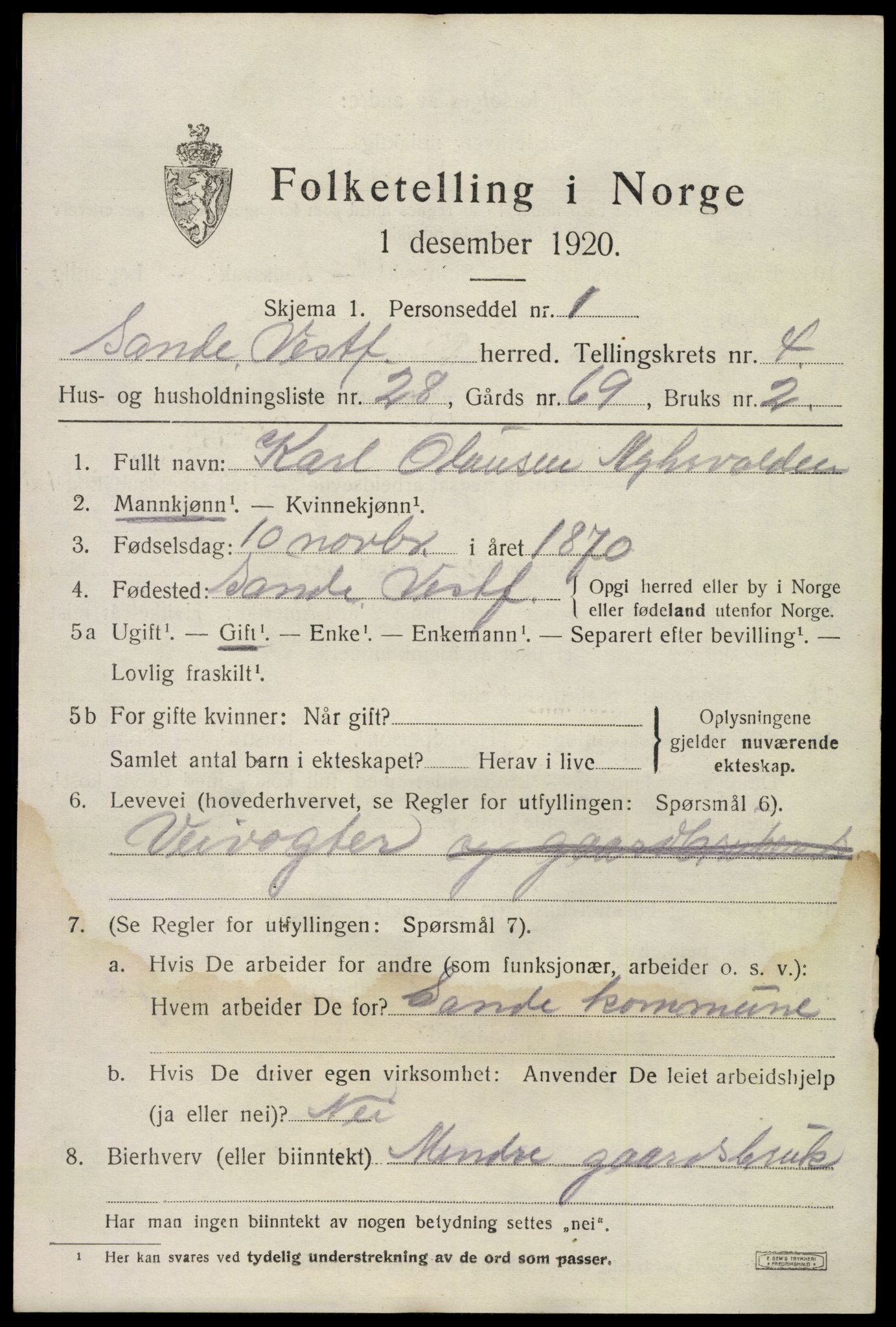 SAKO, 1920 census for Sande, 1920, p. 5878