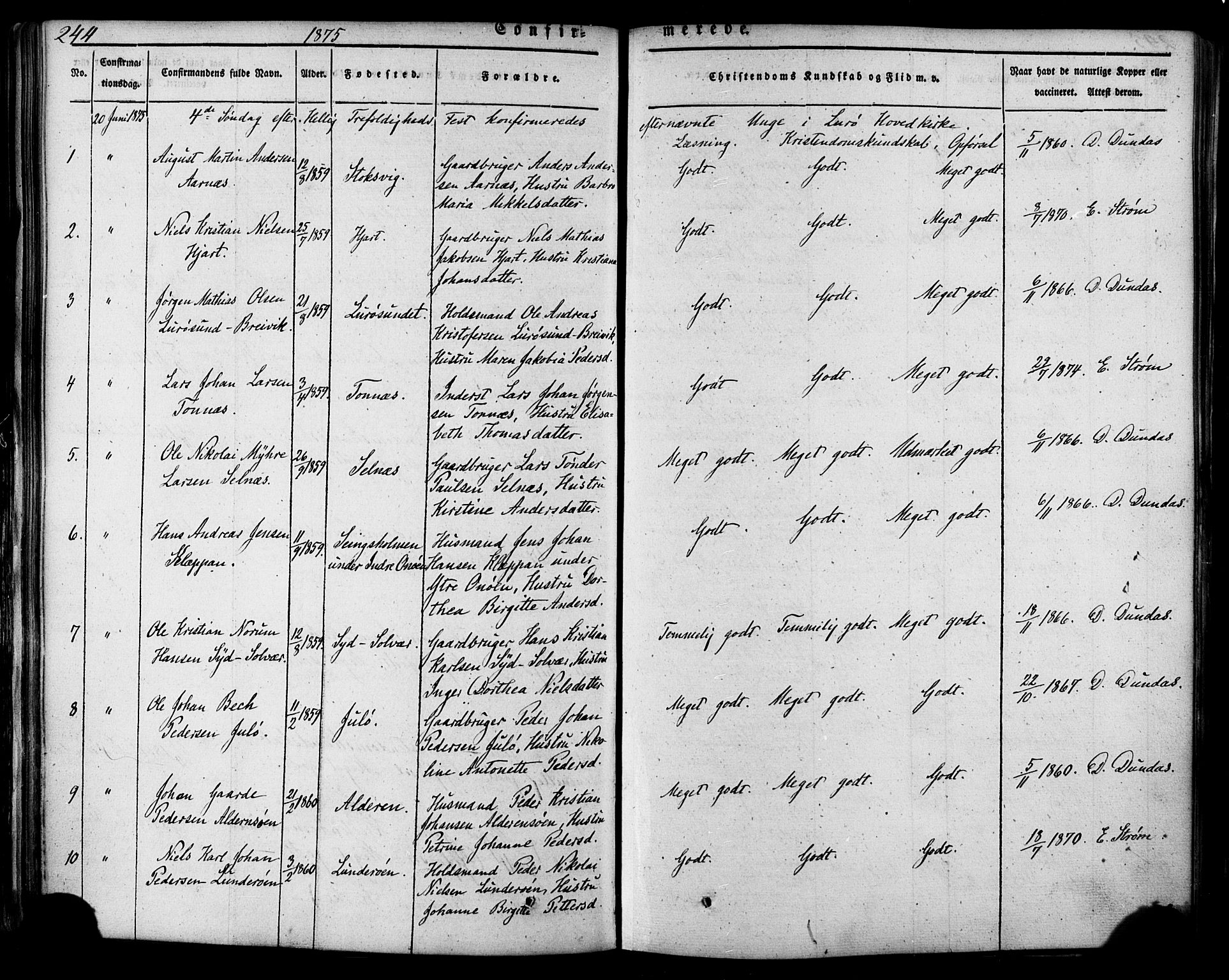 Ministerialprotokoller, klokkerbøker og fødselsregistre - Nordland, SAT/A-1459/839/L0567: Parish register (official) no. 839A04, 1863-1879, p. 244