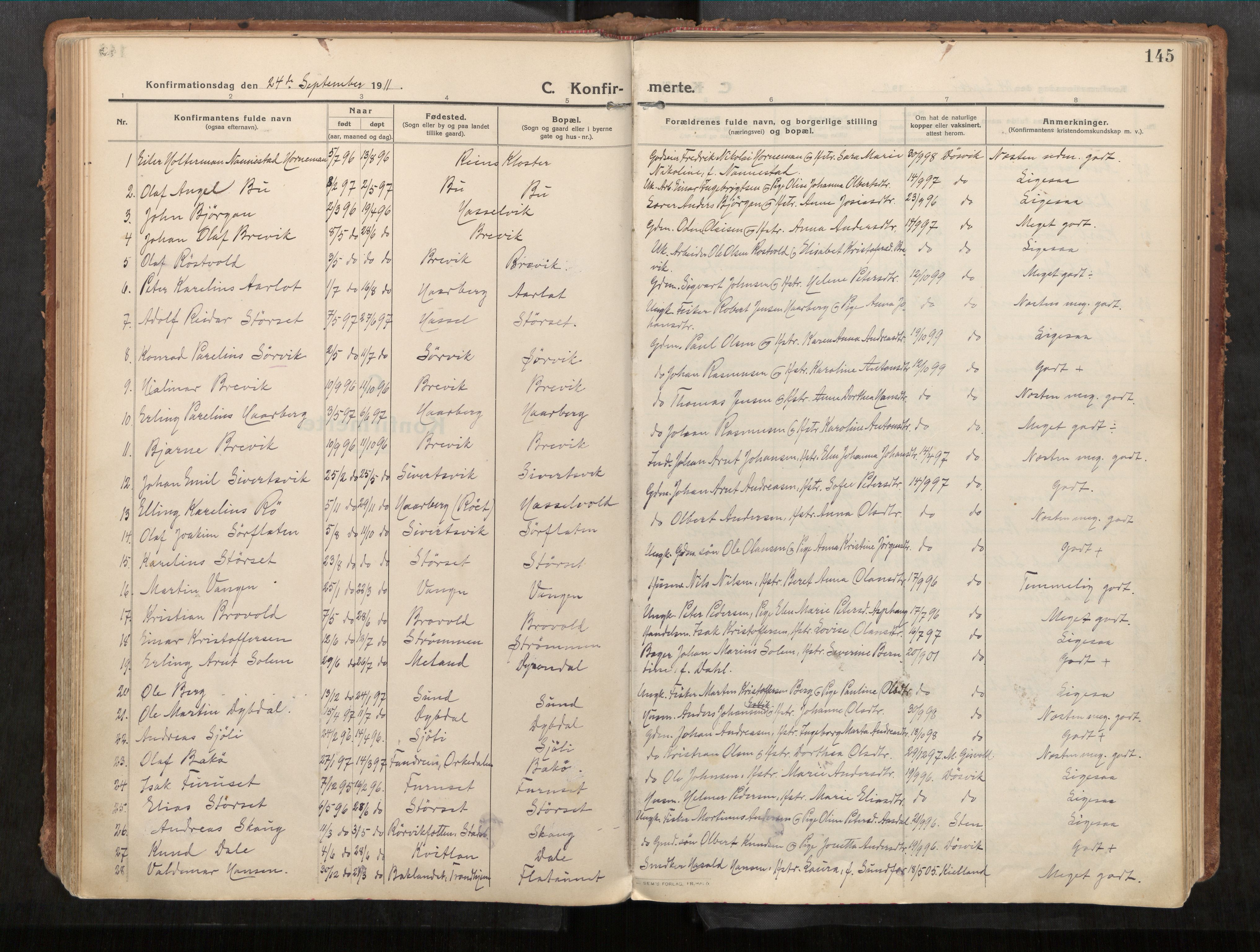 Stadsbygd sokneprestkontor, AV/SAT-A-1117/1/I/I1/I1a/L0001: Parish register (official) no. 1, 1911-1929, p. 145