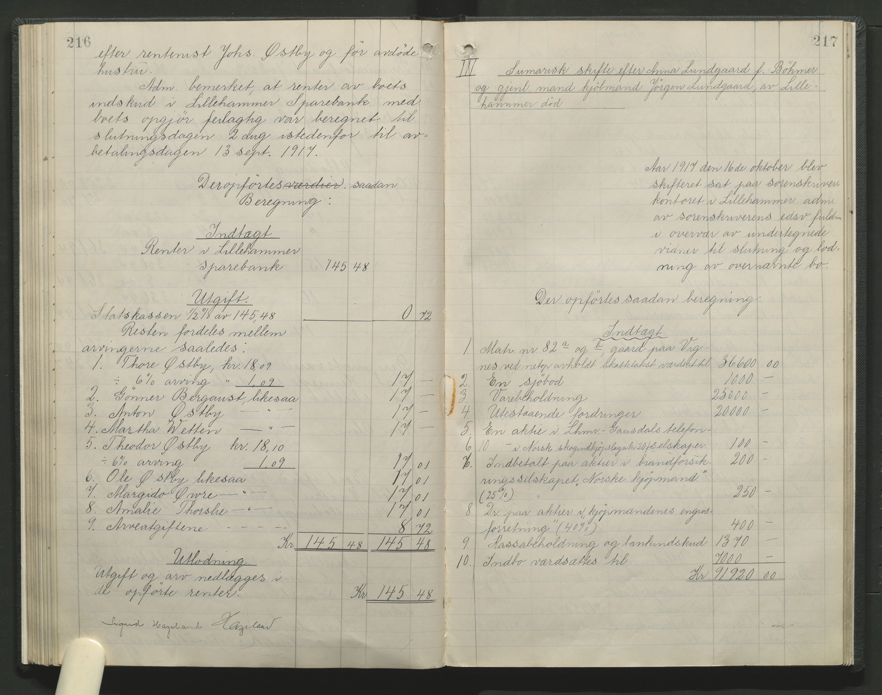 Sør-Gudbrandsdal tingrett, SAH/TING-004/J/Ja/Jag/L0001: Skifteutlodningsprotokoll - Lillehammer by, 1903-1923, p. 216-217