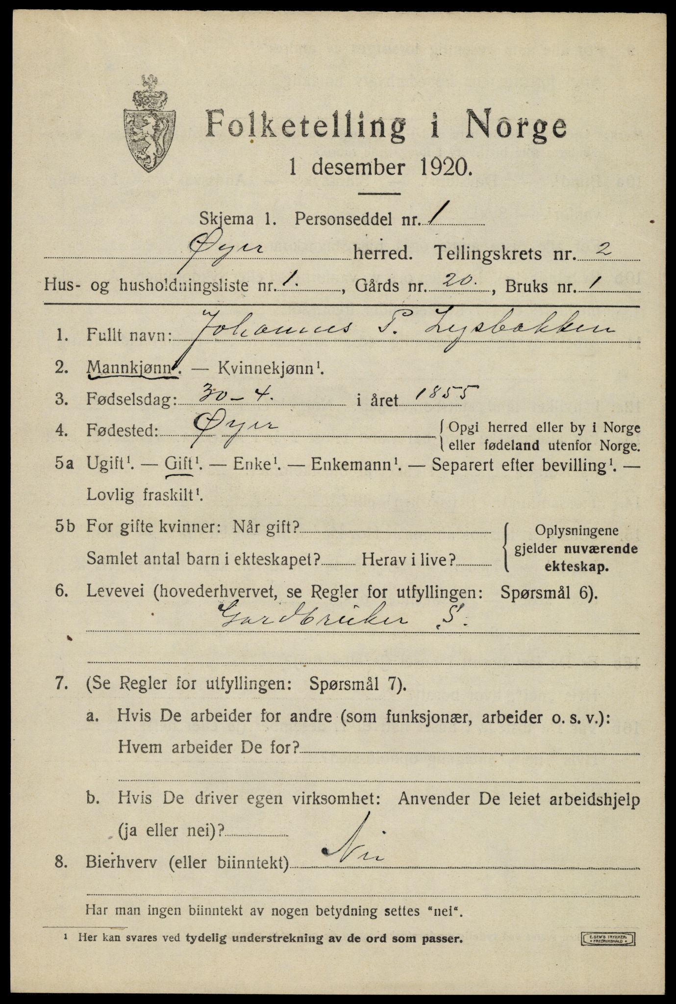 SAH, 1920 census for Øyer, 1920, p. 2129
