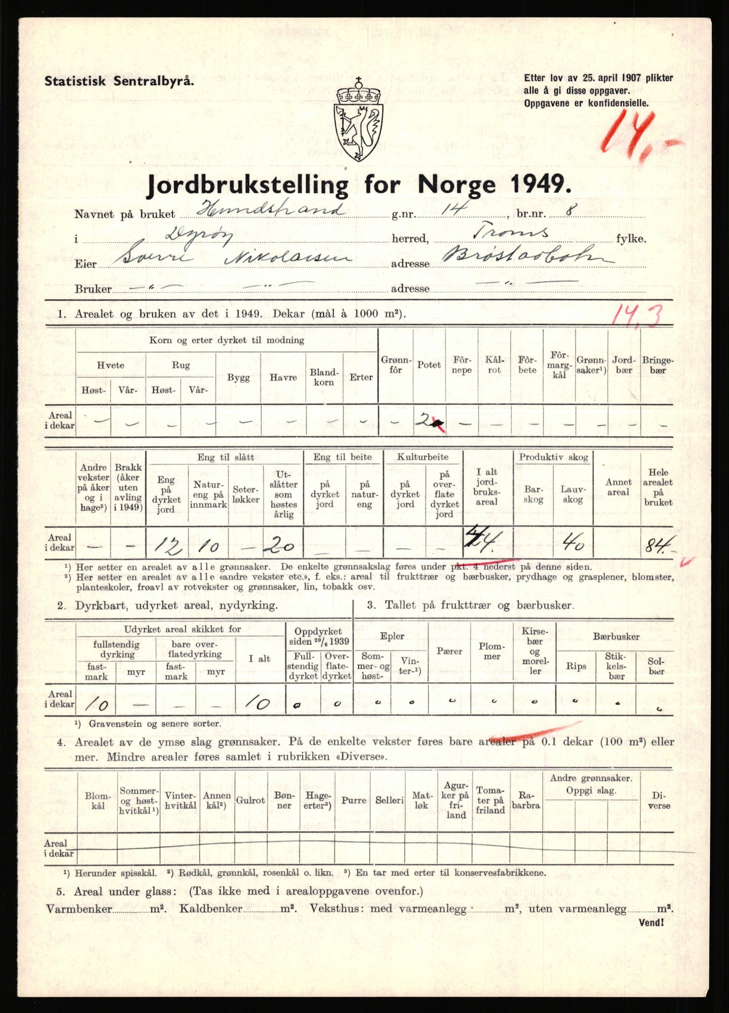 Statistisk sentralbyrå, Næringsøkonomiske emner, Jordbruk, skogbruk, jakt, fiske og fangst, AV/RA-S-2234/G/Gc/L0440: Troms: Sørreisa og Dyrøy, 1949, p. 1521