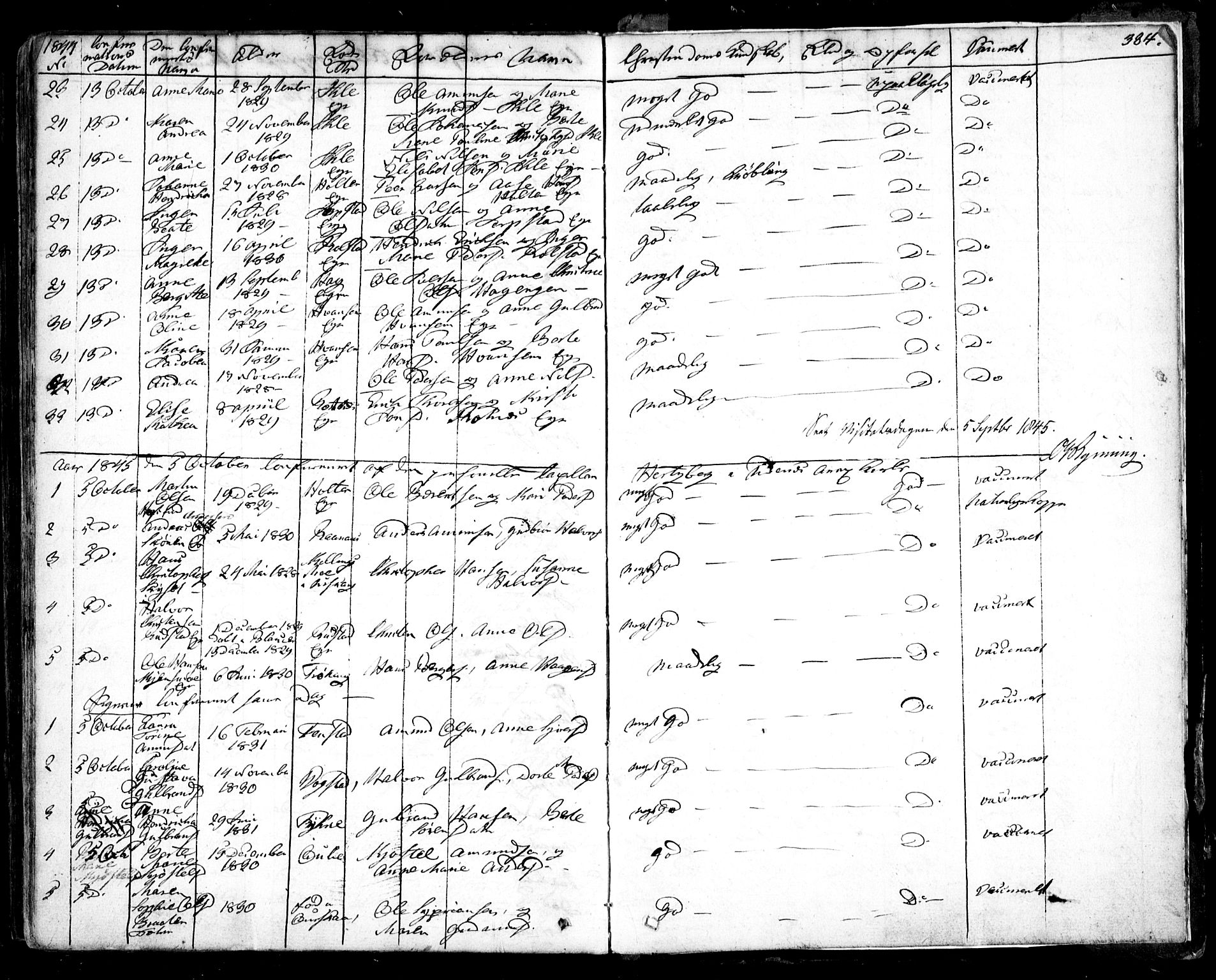 Nes prestekontor Kirkebøker, SAO/A-10410/F/Fa/L0006: Parish register (official) no. I 6, 1833-1845, p. 384