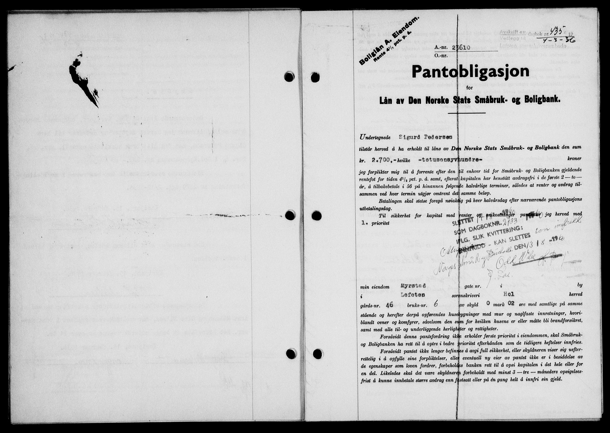 Lofoten sorenskriveri, SAT/A-0017/1/2/2C/L0033b: Mortgage book no. 33b, 1936-1936, Diary no: : 435/1936