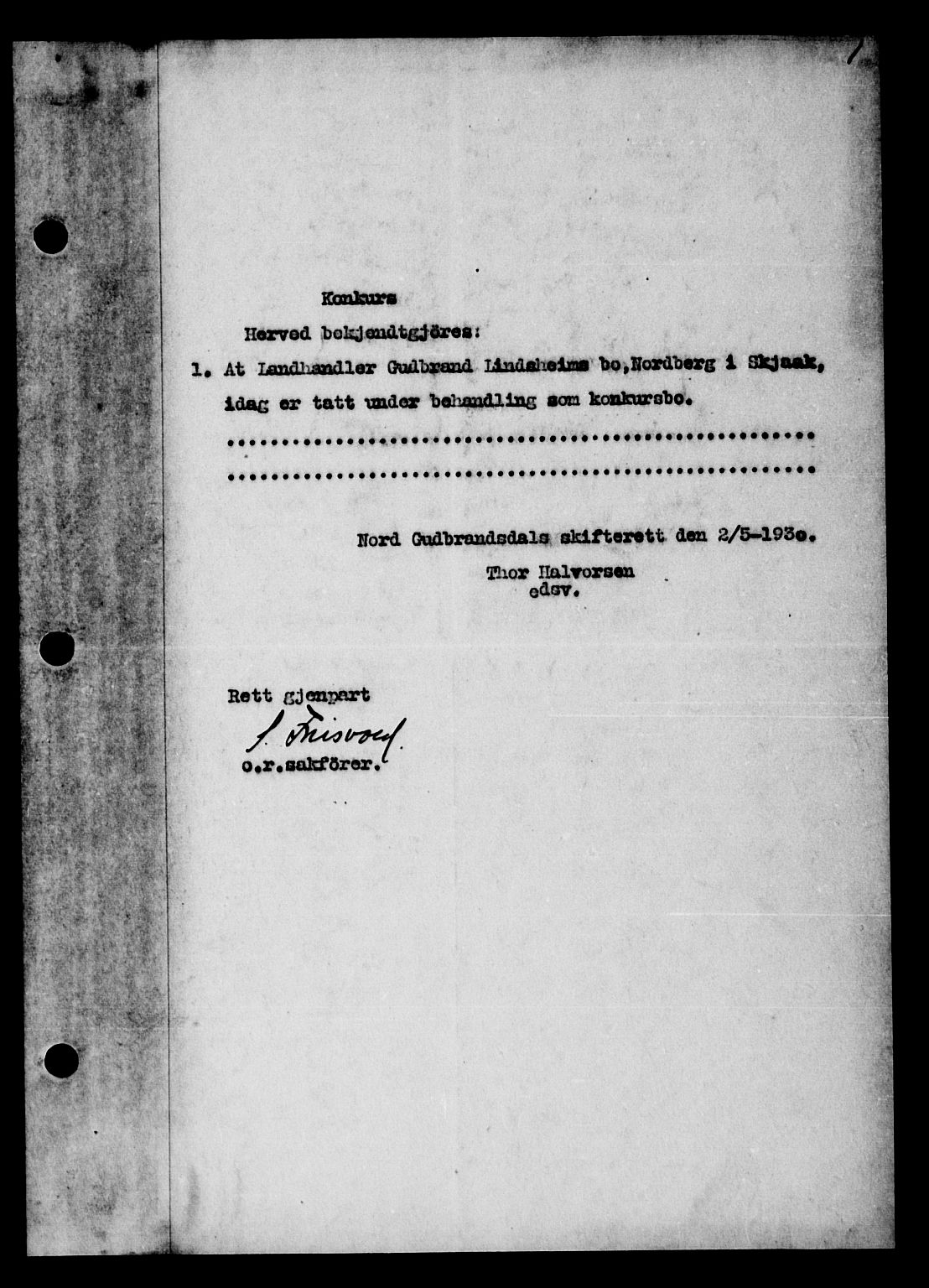 Nord-Gudbrandsdal tingrett, AV/SAH-TING-002/H/Hb/Hba/L0032: Mortgage book no. 32, 1930-1930, p. 1