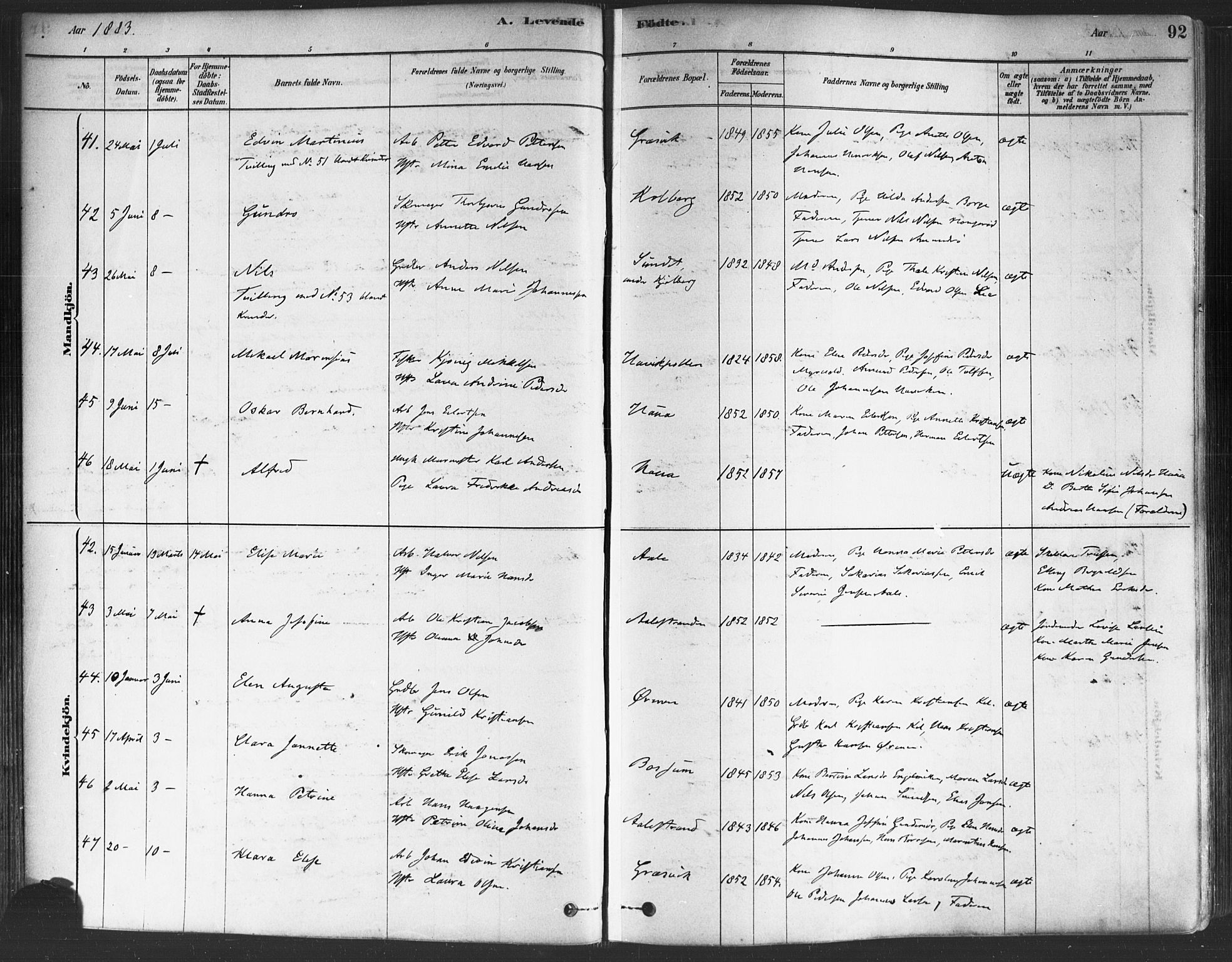 Onsøy prestekontor Kirkebøker, SAO/A-10914/F/Fa/L0005: Parish register (official) no. I 5, 1878-1898, p. 92