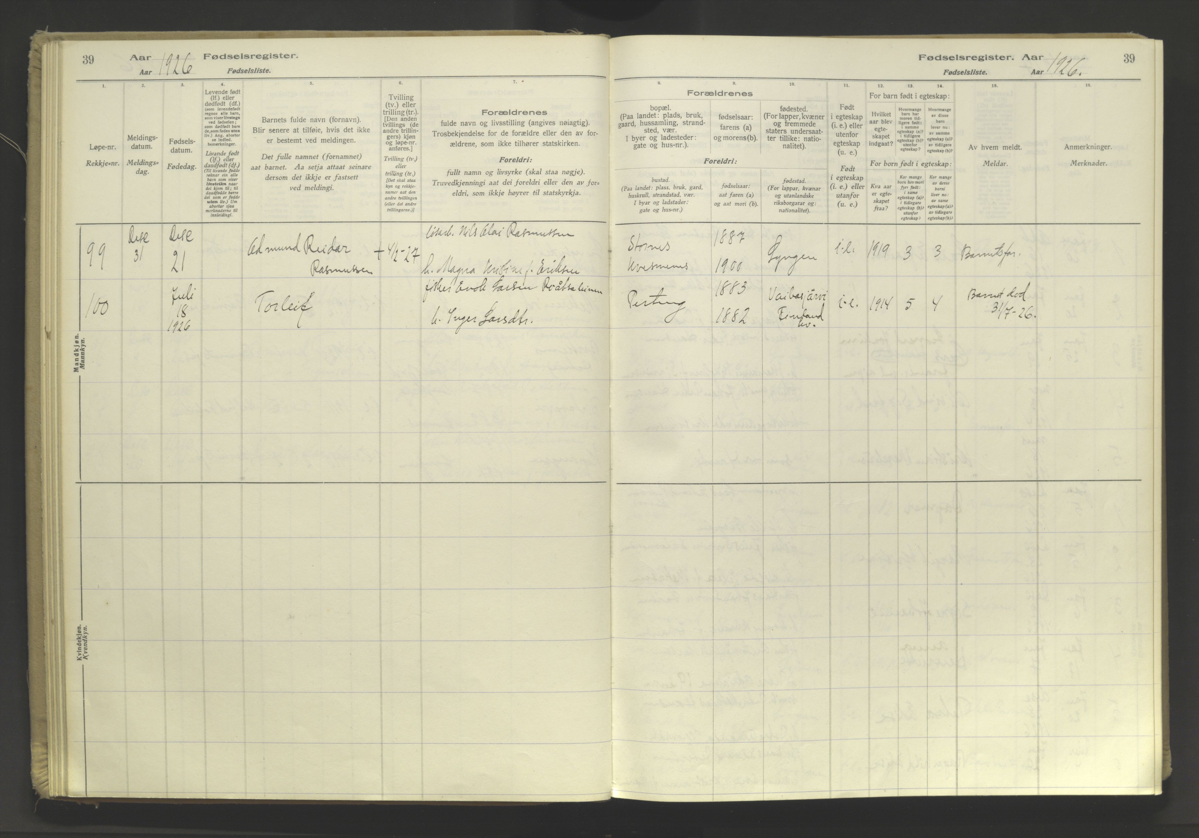 Lyngen sokneprestembete, AV/SATØ-S-1289/I/Ia/L0076: Birth register no. 76, 1924-1945, p. 39