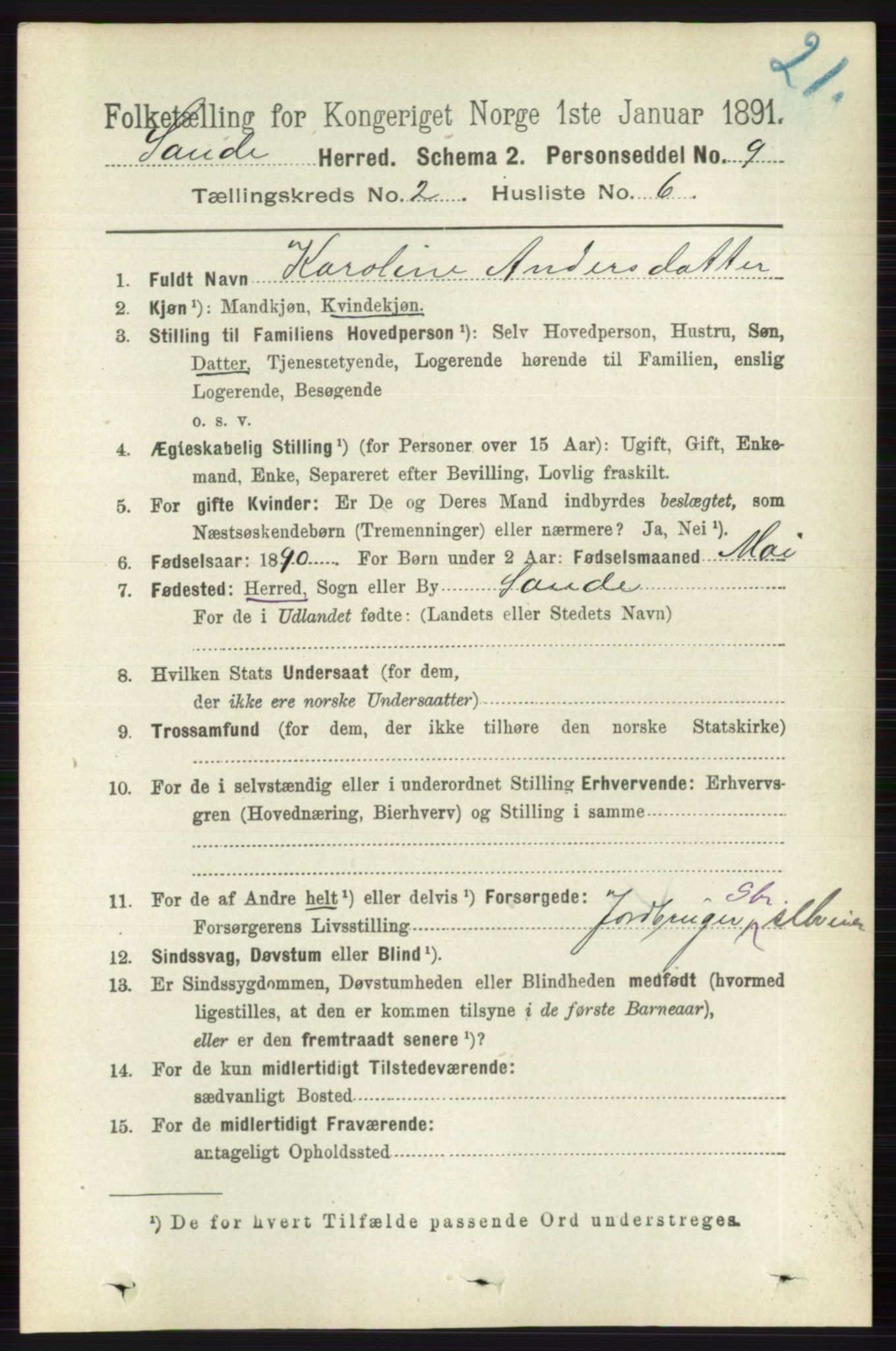 RA, 1891 census for 0713 Sande, 1891, p. 550