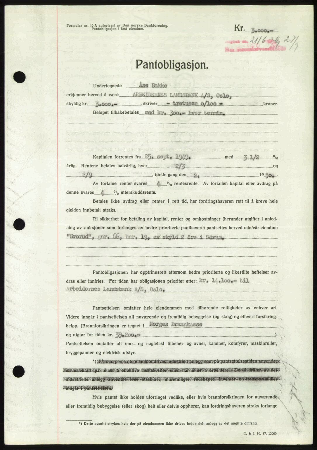 Nes tingrett, AV/SAO-A-10548/G/Gb/Gbb/L0031: Mortgage book no. 75, 1949-1949, Diary no: : 2116/1949