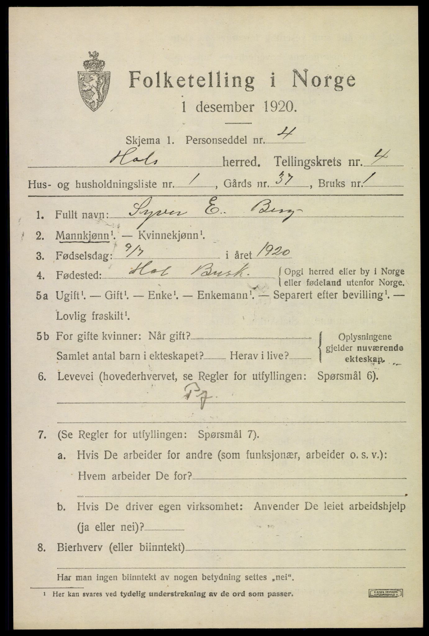 SAKO, 1920 census for Hol (Buskerud), 1920, p. 2423