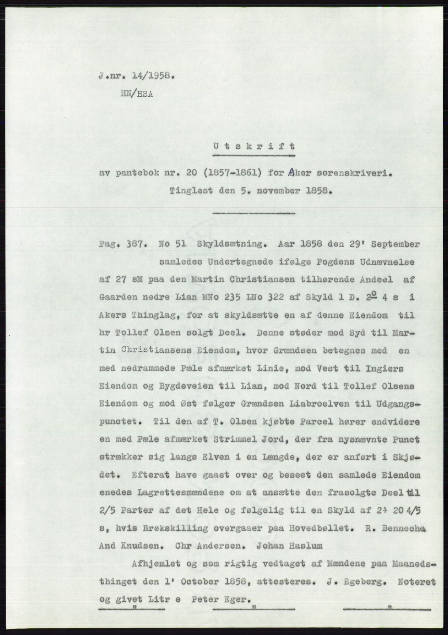 Statsarkivet i Oslo, SAO/A-10621/Z/Zd/L0008: Avskrifter, j.nr 14-1096/1958, 1958, p. 1