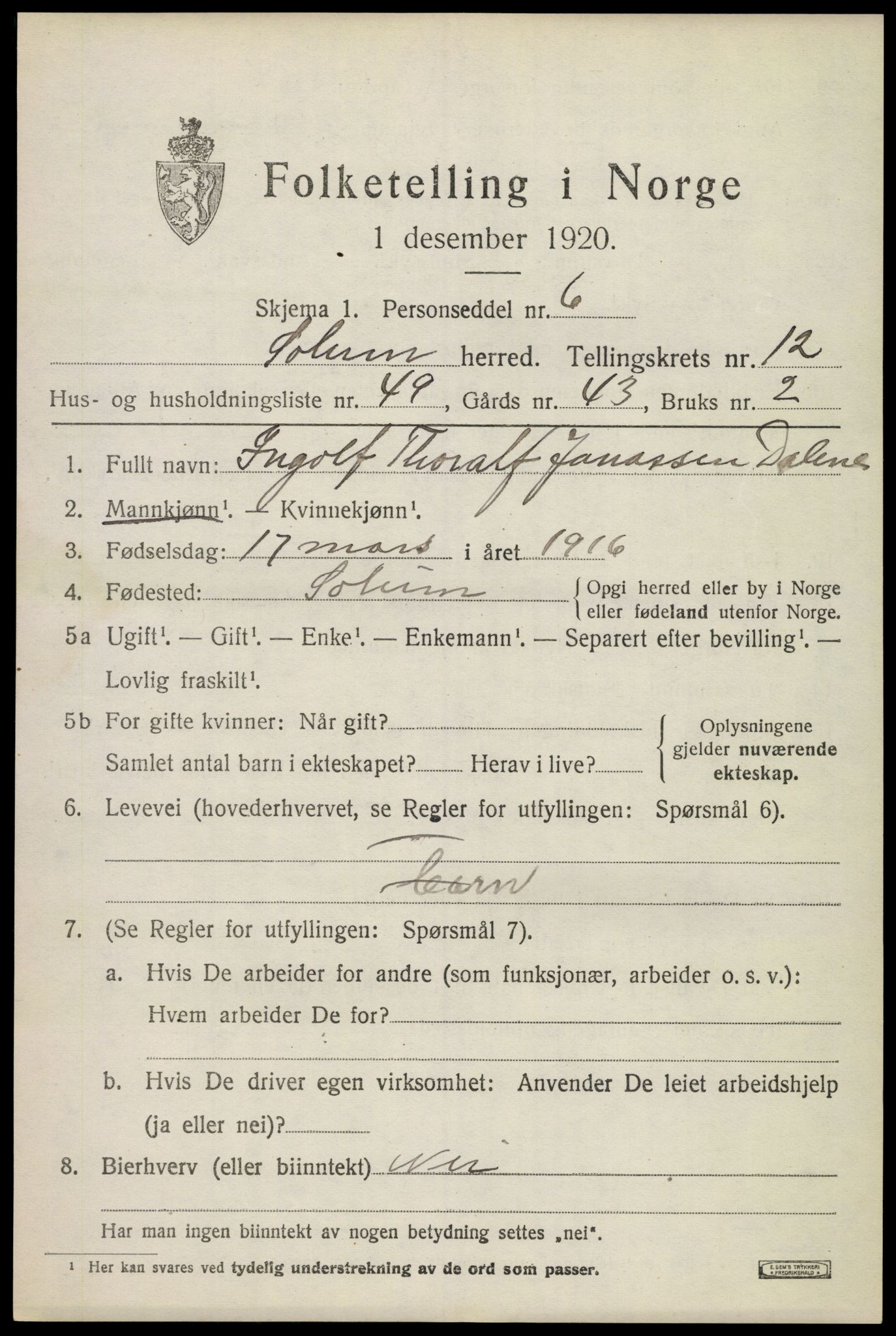 SAKO, 1920 census for Solum, 1920, p. 17546