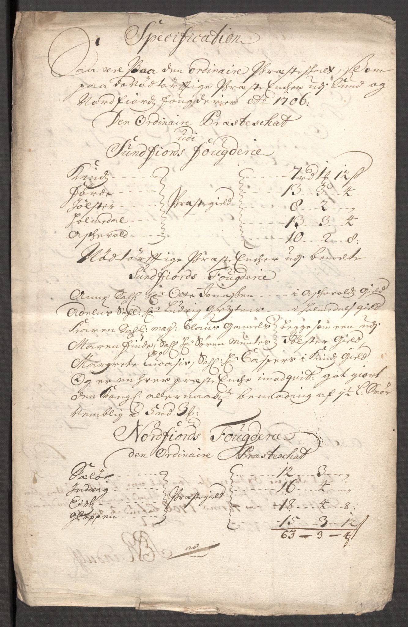 Rentekammeret inntil 1814, Reviderte regnskaper, Fogderegnskap, AV/RA-EA-4092/R53/L3430: Fogderegnskap Sunn- og Nordfjord, 1706-1707, p. 75