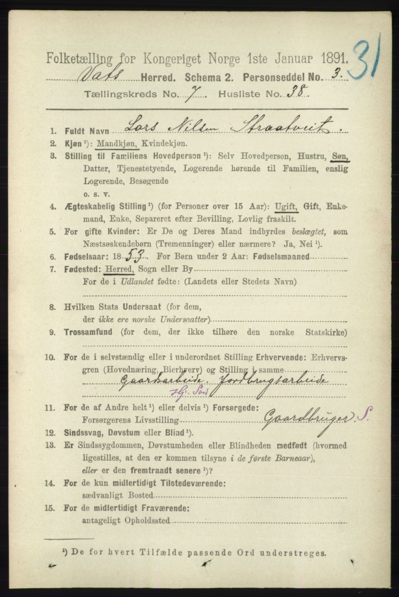 RA, 1891 census for 1155 Vats, 1891, p. 1292