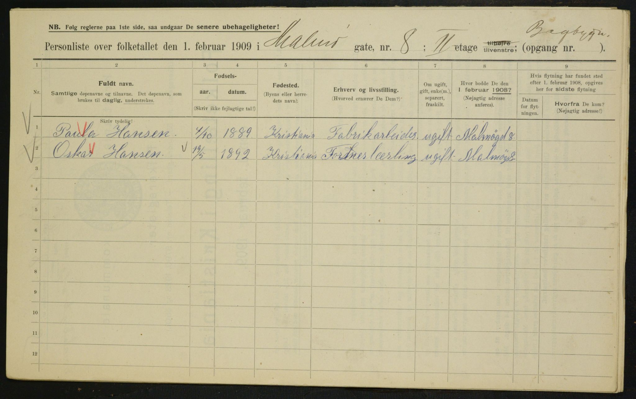 OBA, Municipal Census 1909 for Kristiania, 1909, p. 54600