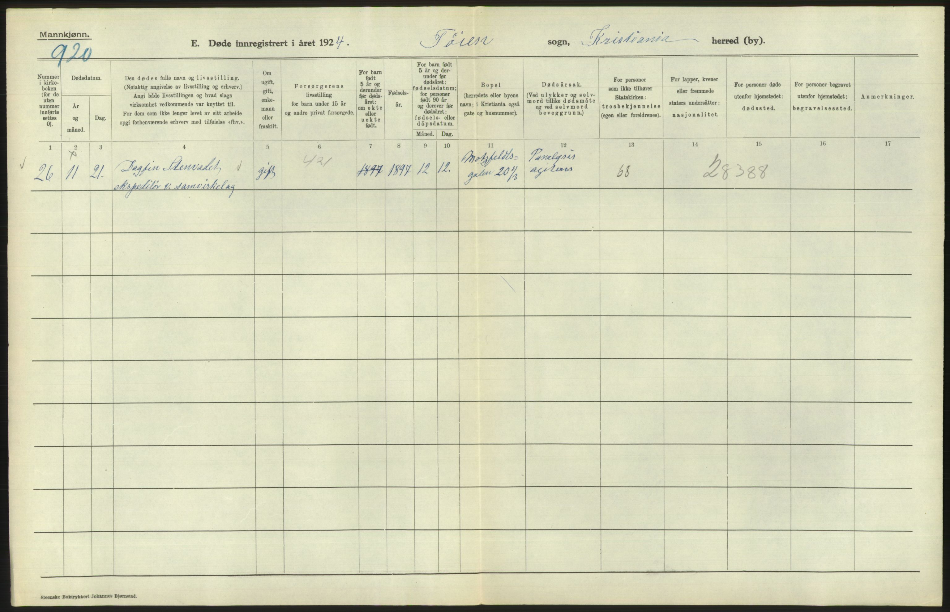 Statistisk sentralbyrå, Sosiodemografiske emner, Befolkning, AV/RA-S-2228/D/Df/Dfc/Dfcd/L0008: Kristiania: Døde menn, 1924, p. 470