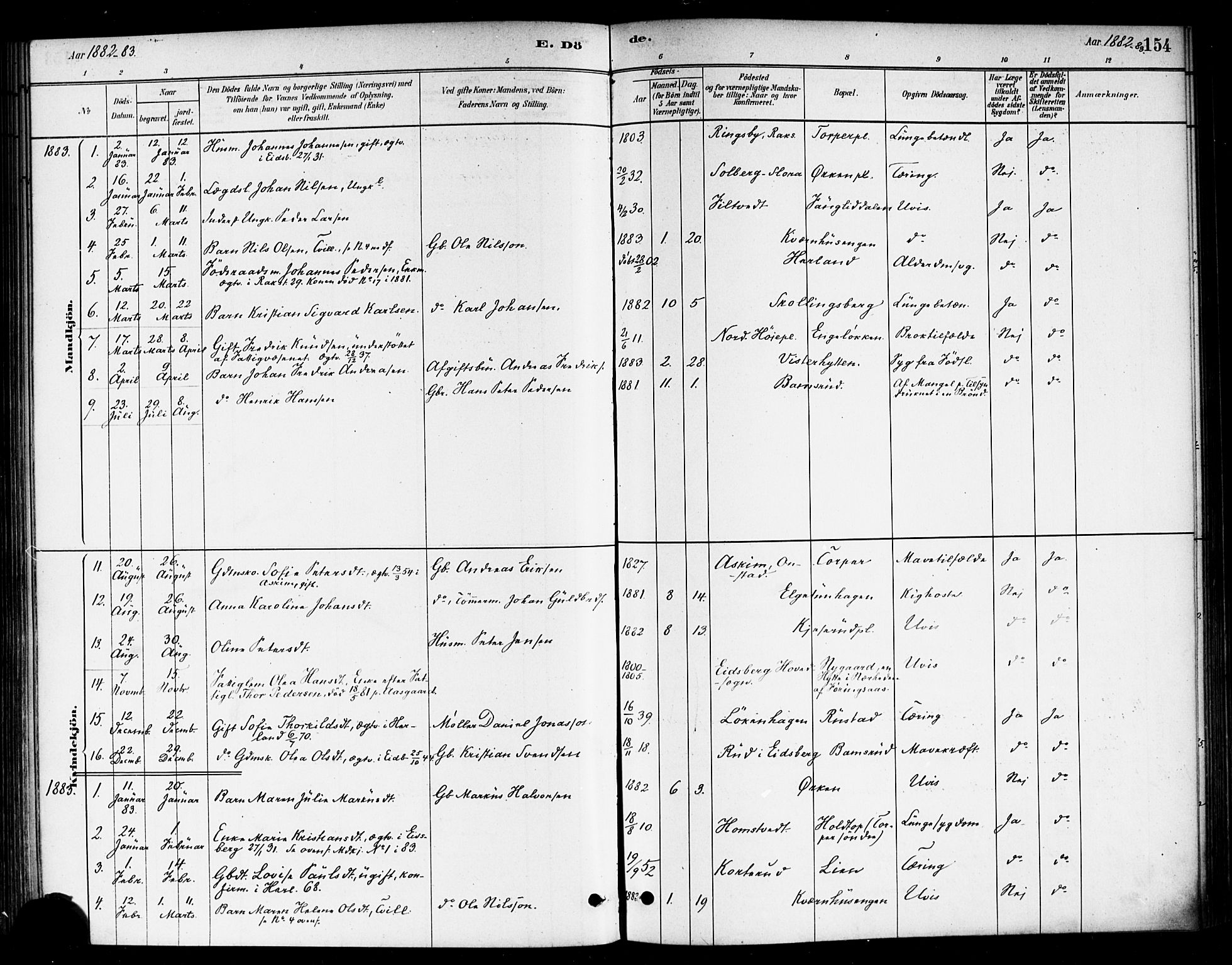 Eidsberg prestekontor Kirkebøker, AV/SAO-A-10905/F/Fb/L0001: Parish register (official) no. II 1, 1879-1900, p. 154