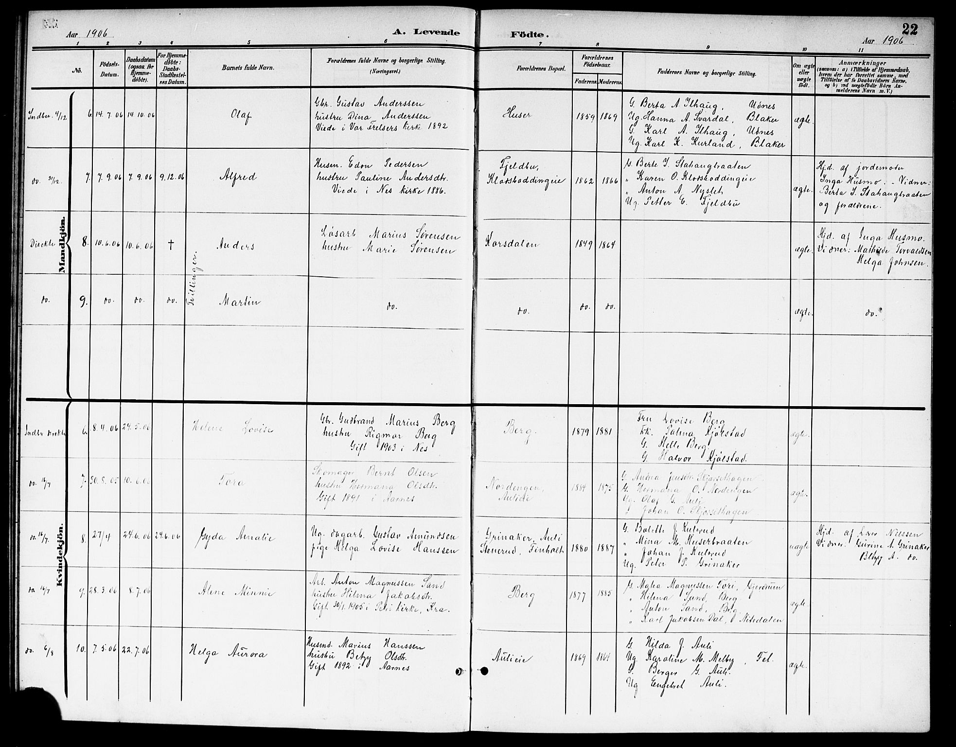 Nes prestekontor Kirkebøker, SAO/A-10410/G/Gb/L0001: Parish register (copy) no. II 1, 1901-1917, p. 22