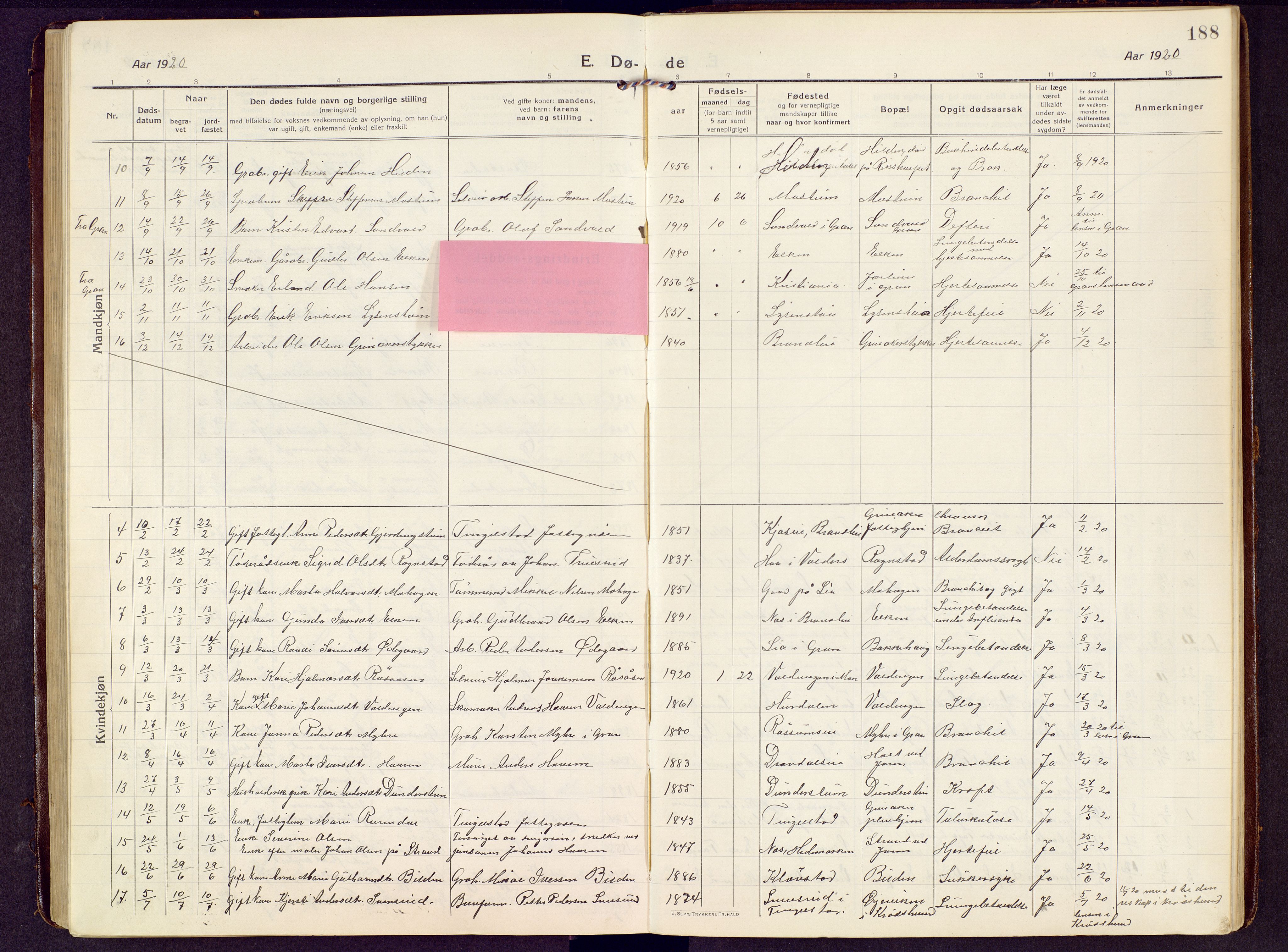 Brandbu prestekontor, AV/SAH-PREST-114/H/Ha/Hab/L0010: Parish register (copy) no. 10, 1916-1930, p. 188
