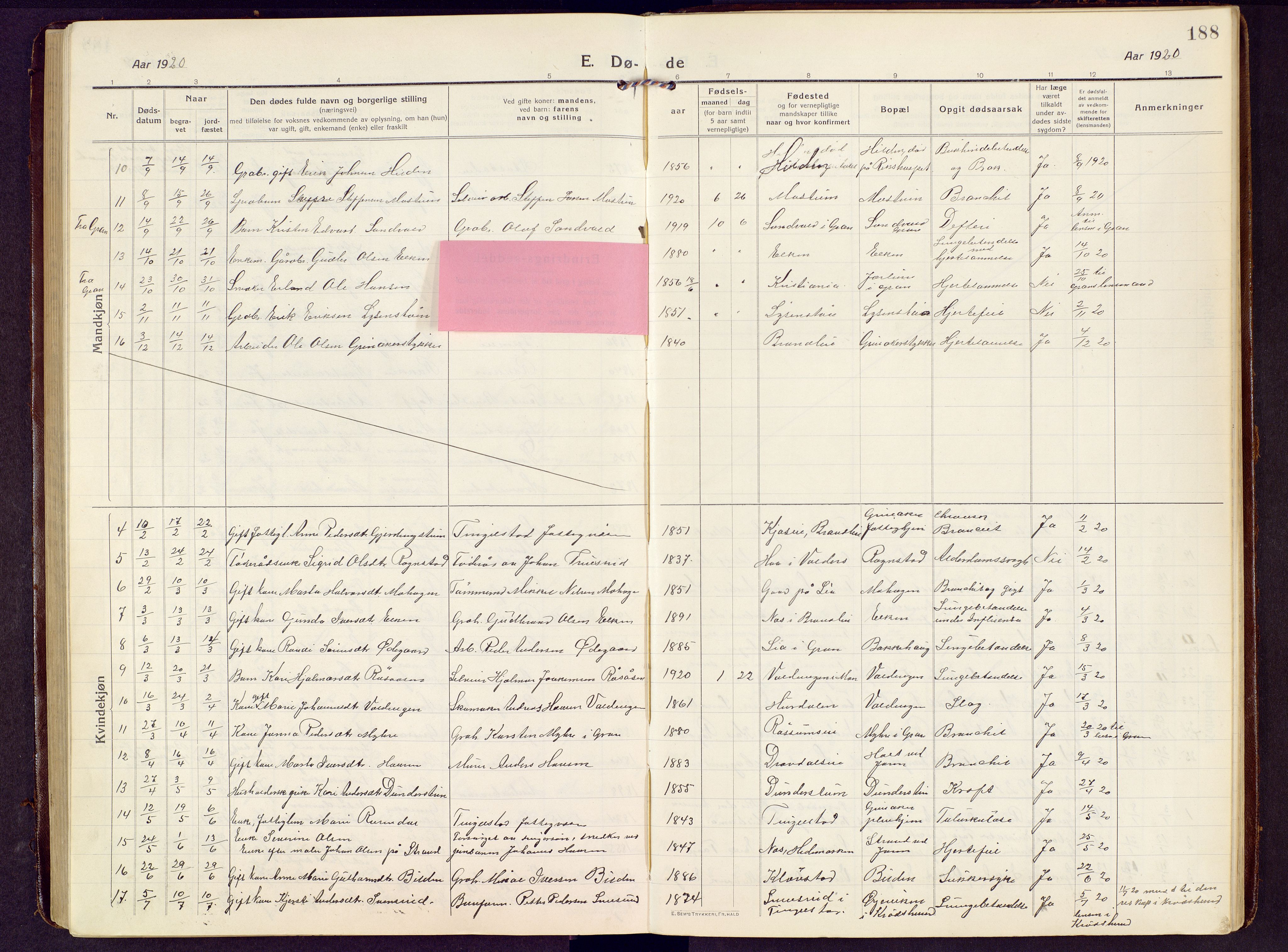 Brandbu prestekontor, SAH/PREST-114/H/Ha/Hab/L0010: Parish register (copy) no. 10, 1916-1930, p. 188