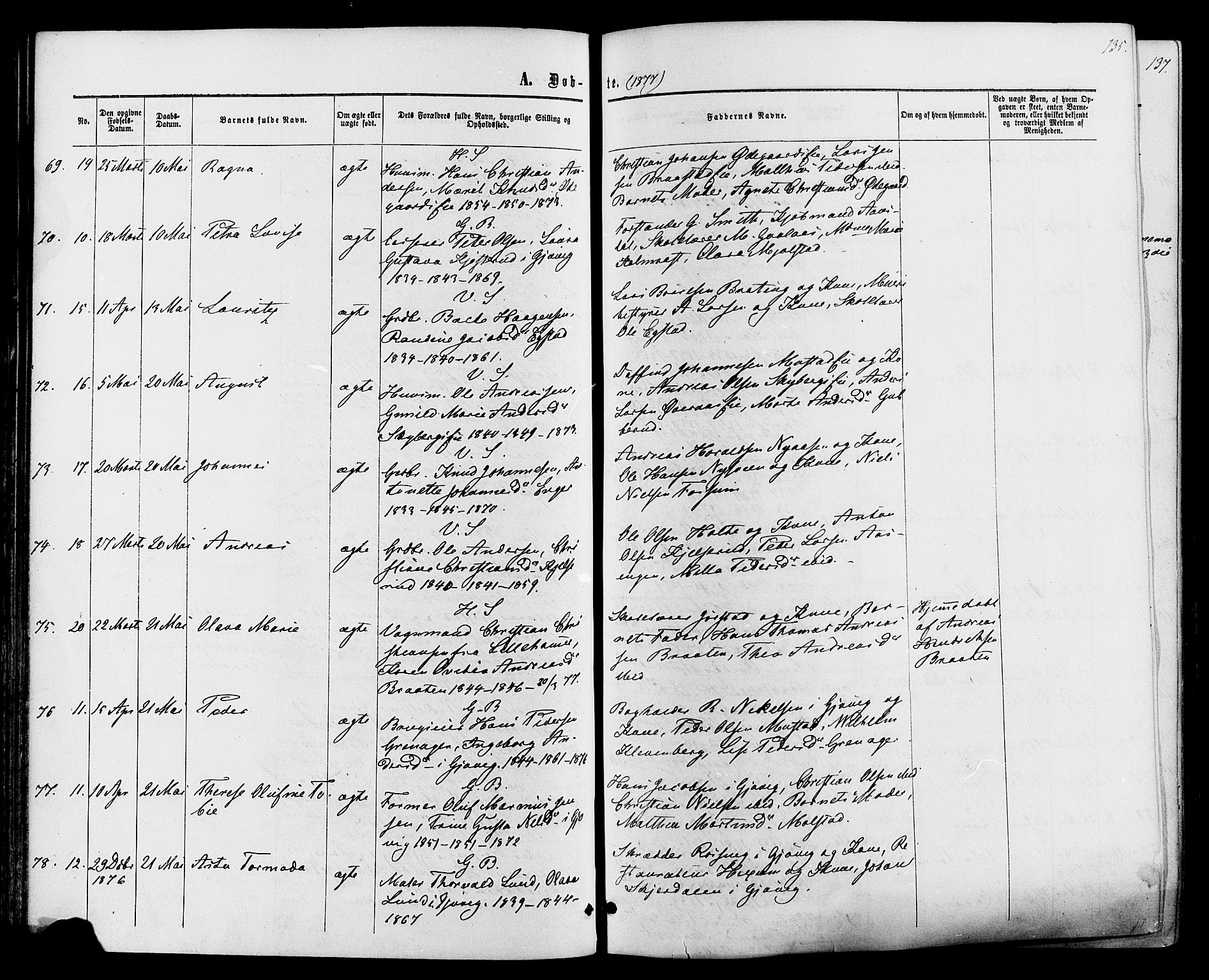 Vardal prestekontor, AV/SAH-PREST-100/H/Ha/Haa/L0007: Parish register (official) no. 7, 1867-1878, p. 135