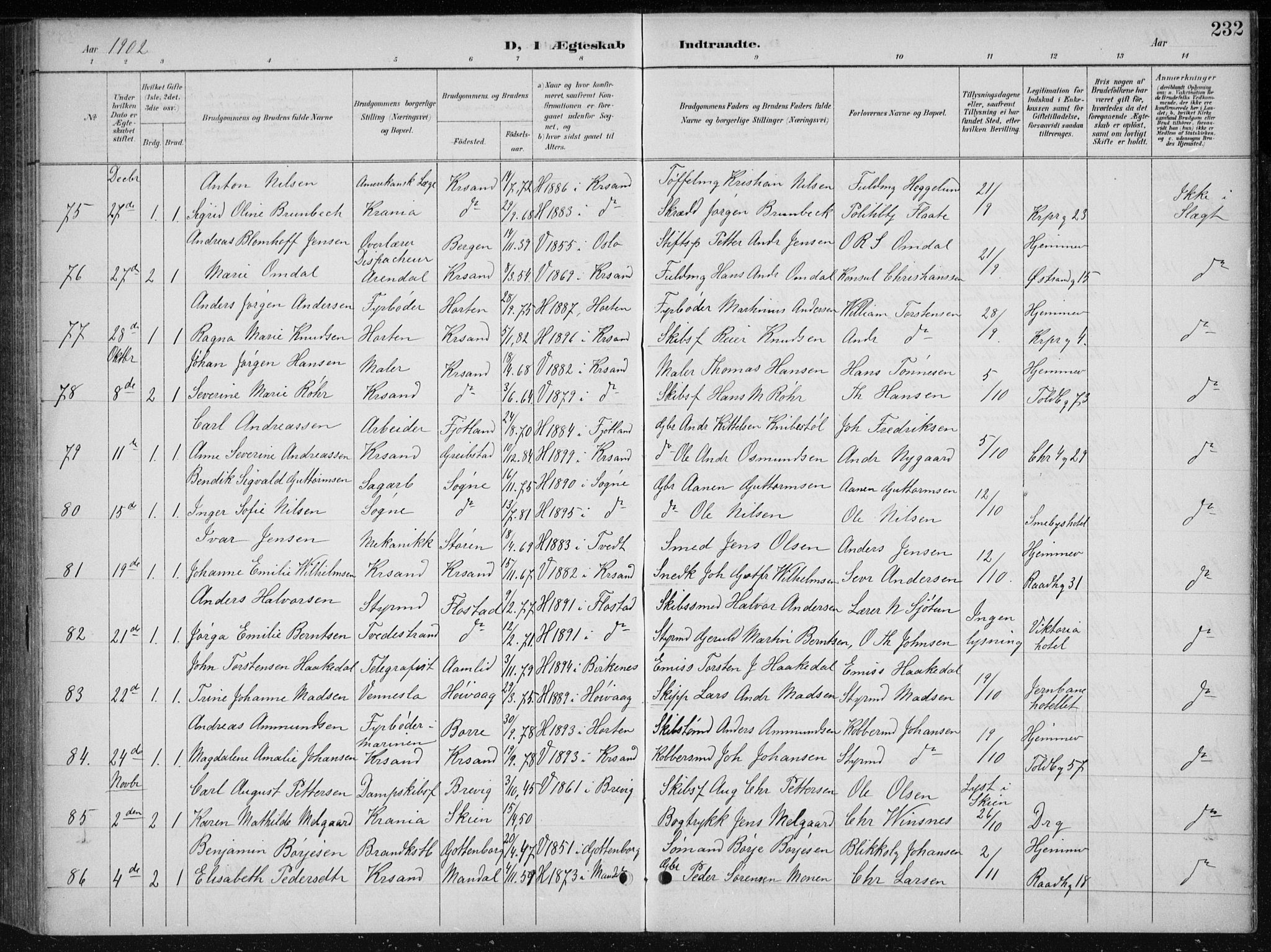 Kristiansand domprosti, AV/SAK-1112-0006/F/Fb/L0018: Parish register (copy) no. B 18, 1896-1905, p. 232