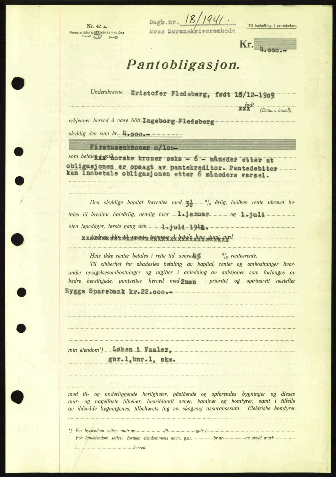 Moss sorenskriveri, SAO/A-10168: Mortgage book no. B10, 1940-1941, Diary no: : 18/1941