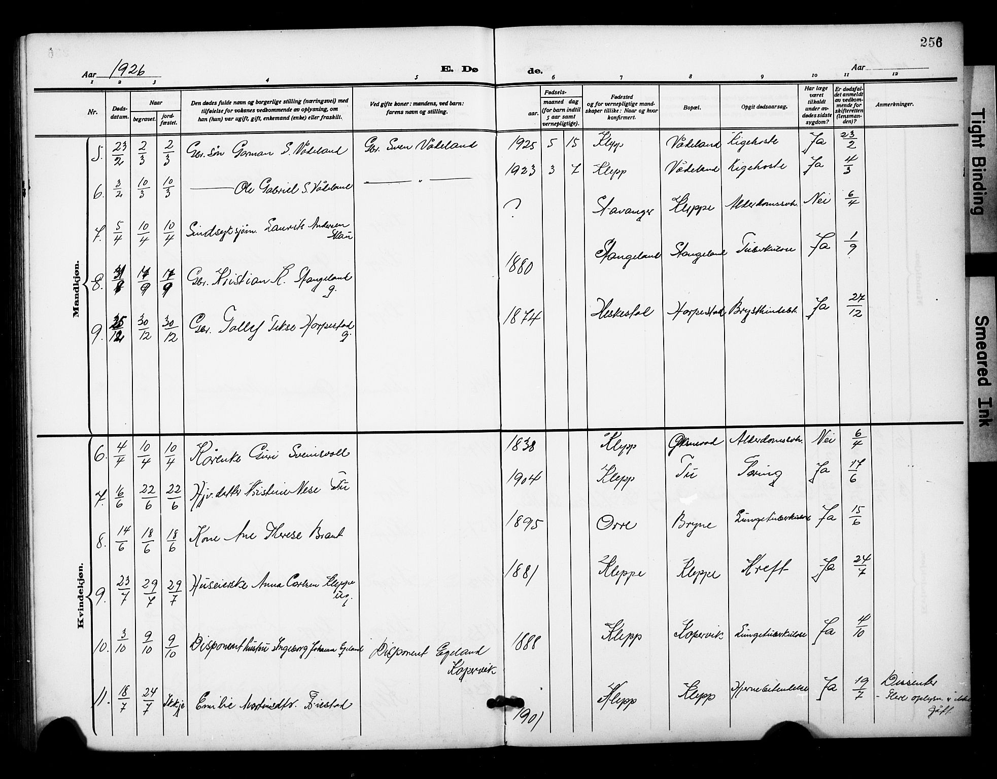 Klepp sokneprestkontor, AV/SAST-A-101803/001/3/30BB/L0007: Parish register (copy) no. B 7, 1908-1934, p. 256