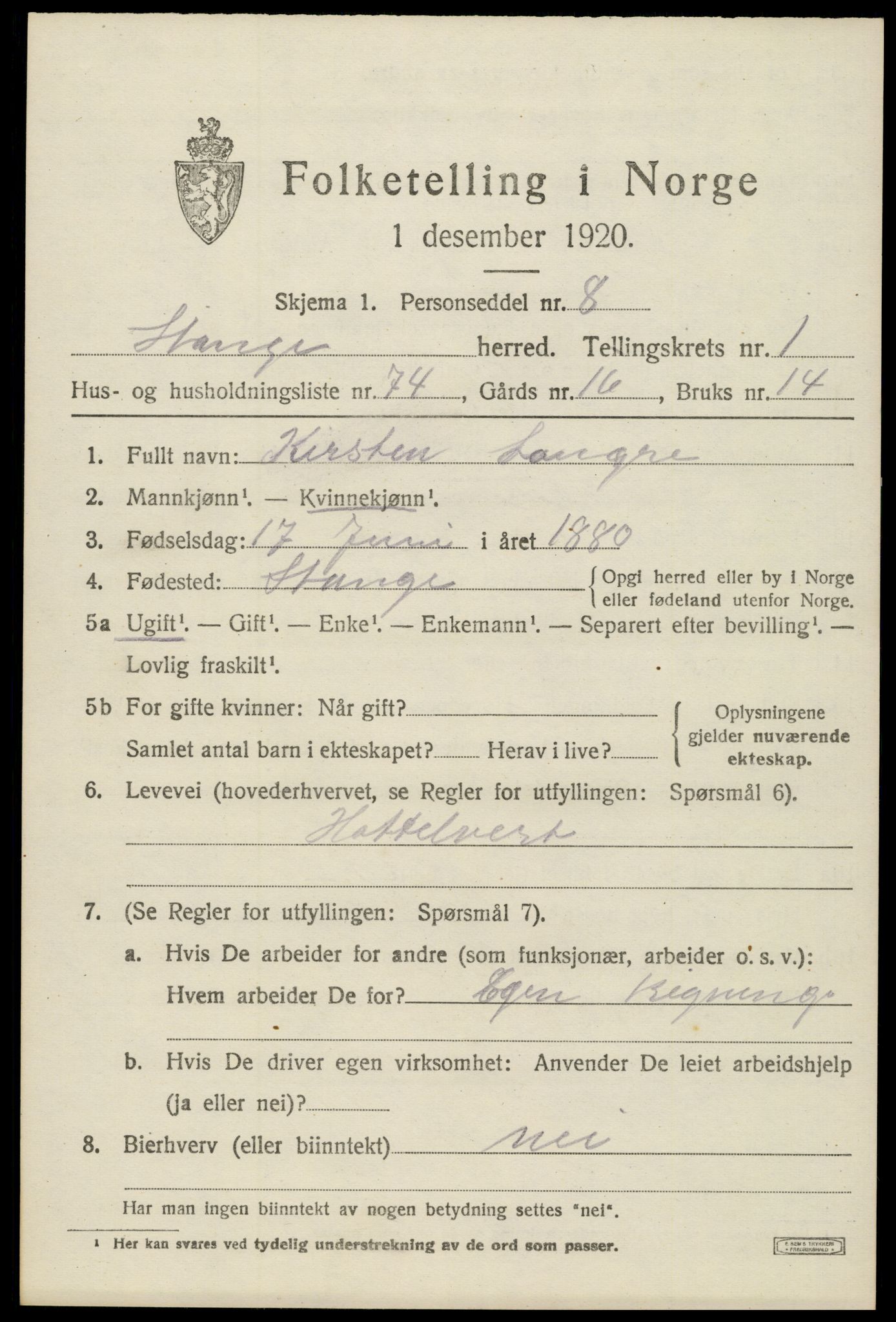 SAH, 1920 census for Stange, 1920, p. 3823