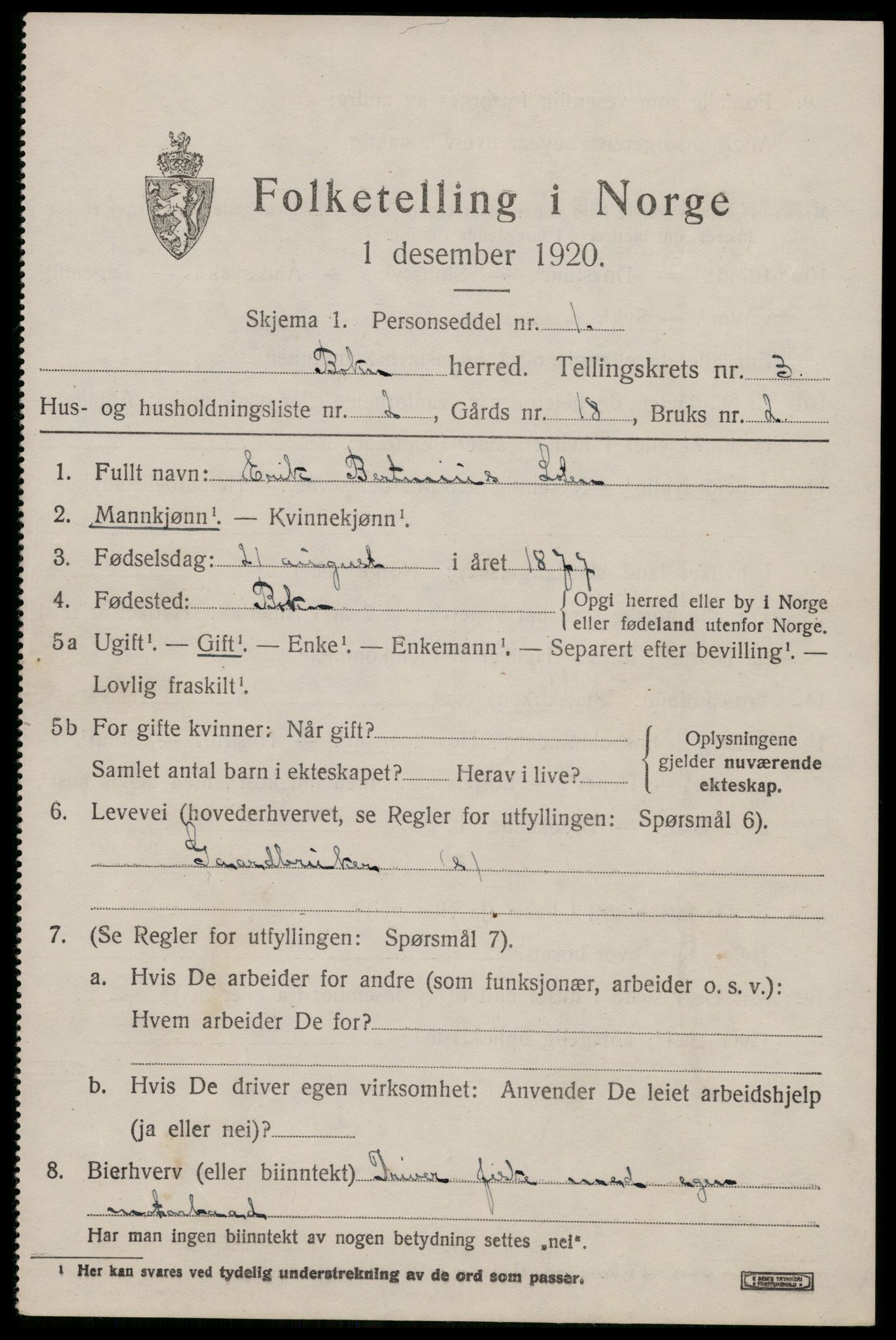 SAST, 1920 census for Bokn, 1920, p. 1330