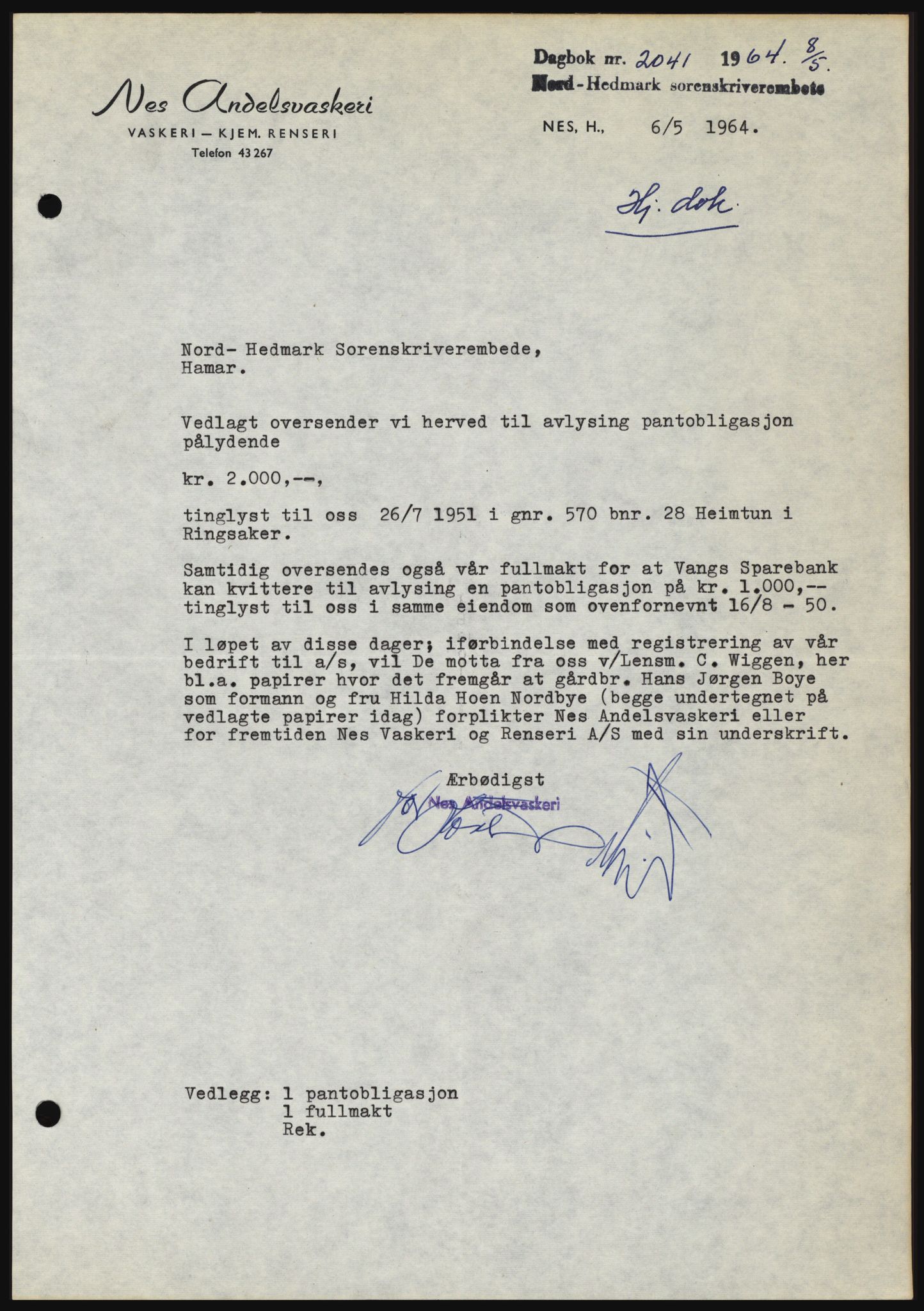 Nord-Hedmark sorenskriveri, SAH/TING-012/H/Hc/L0019: Mortgage book no. 19, 1963-1964, Diary no: : 2041/1964