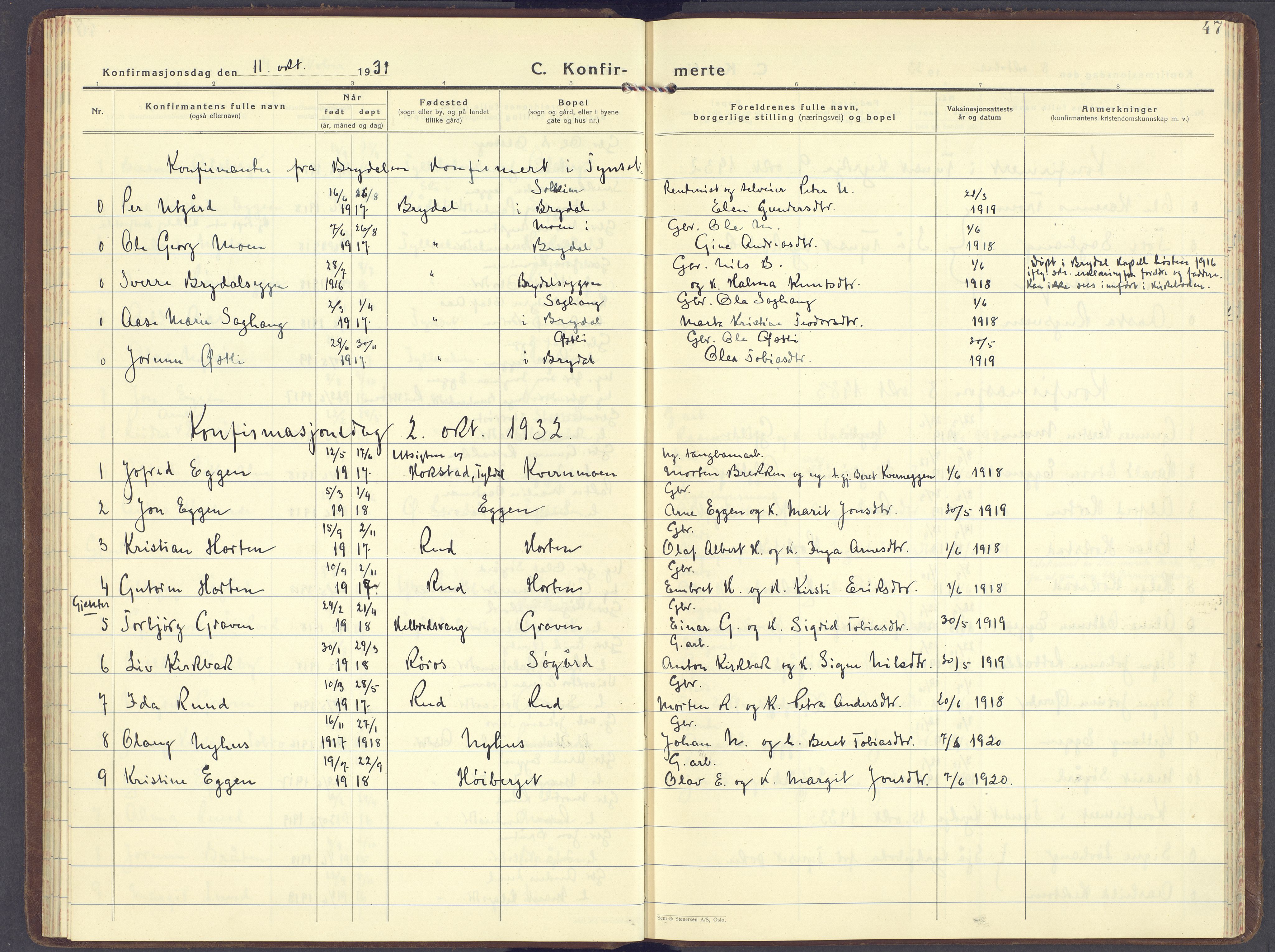 Tynset prestekontor, SAH/PREST-058/H/Ha/Haa/L0029: Parish register (official) no. 29, 1930-1946, p. 47