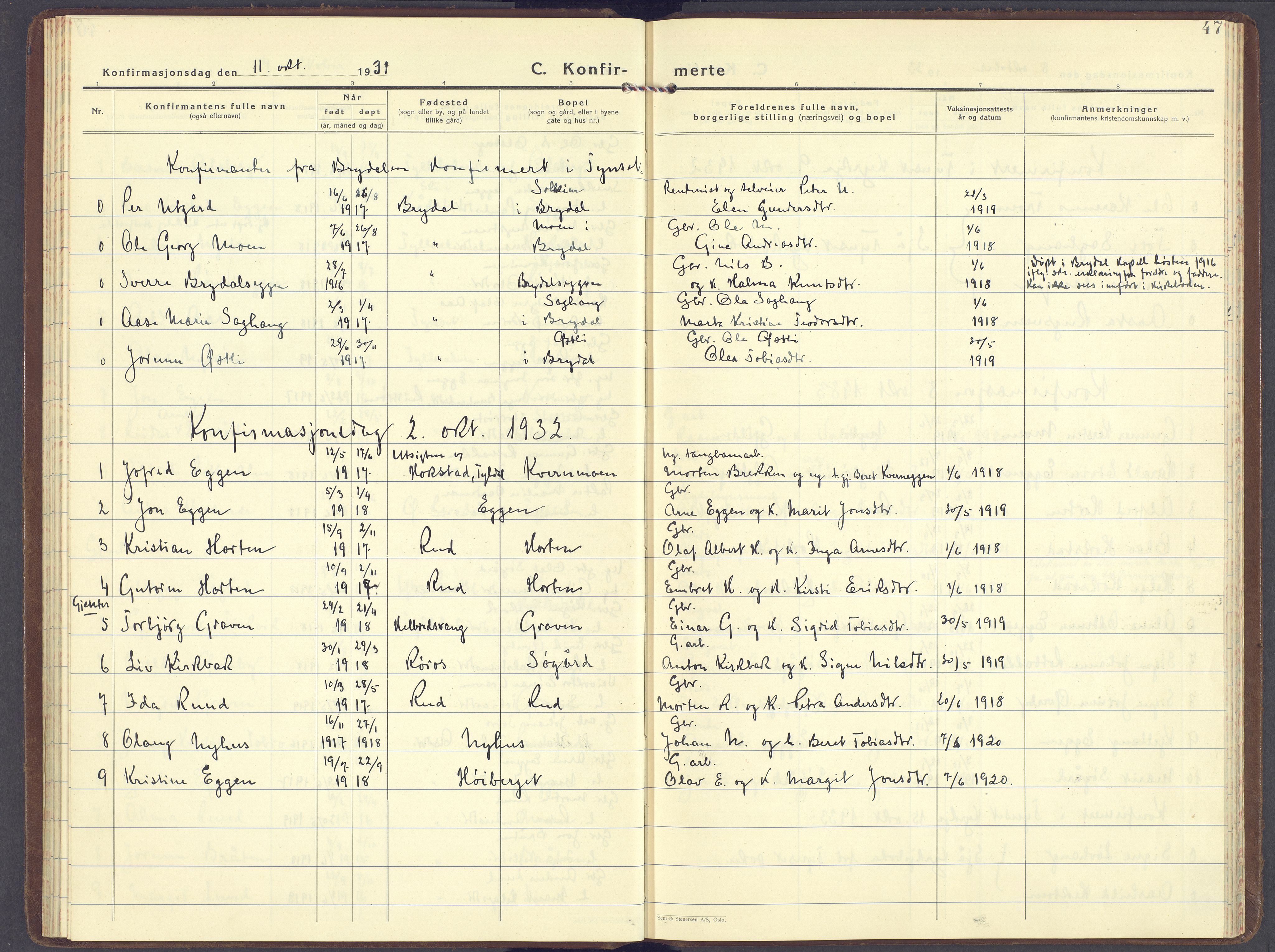 Tynset prestekontor, AV/SAH-PREST-058/H/Ha/Haa/L0029: Parish register (official) no. 29, 1930-1946, p. 47