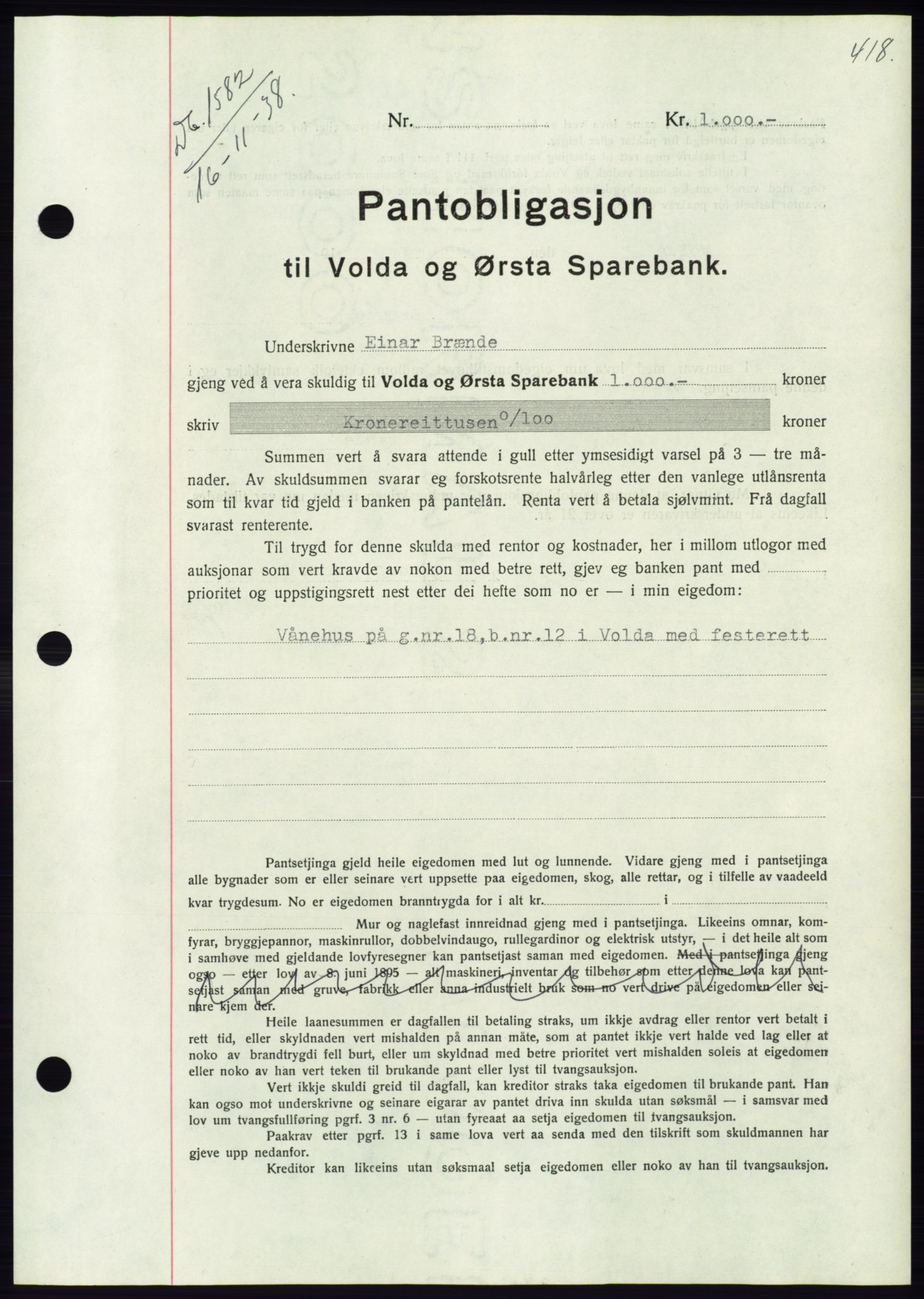 Søre Sunnmøre sorenskriveri, AV/SAT-A-4122/1/2/2C/L0066: Mortgage book no. 60, 1938-1938, Diary no: : 1582/1938