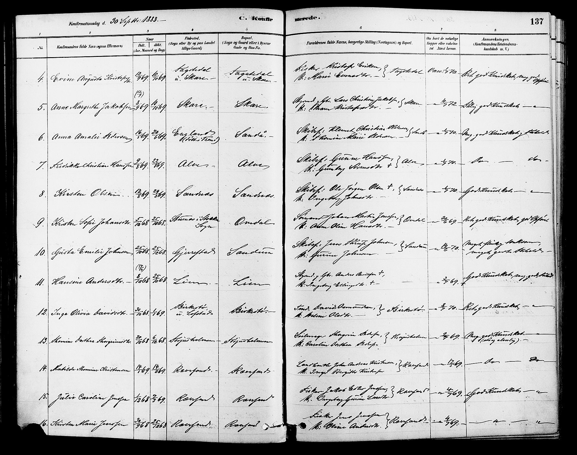 Tromøy sokneprestkontor, AV/SAK-1111-0041/F/Fa/L0009: Parish register (official) no. A 9, 1878-1896, p. 137