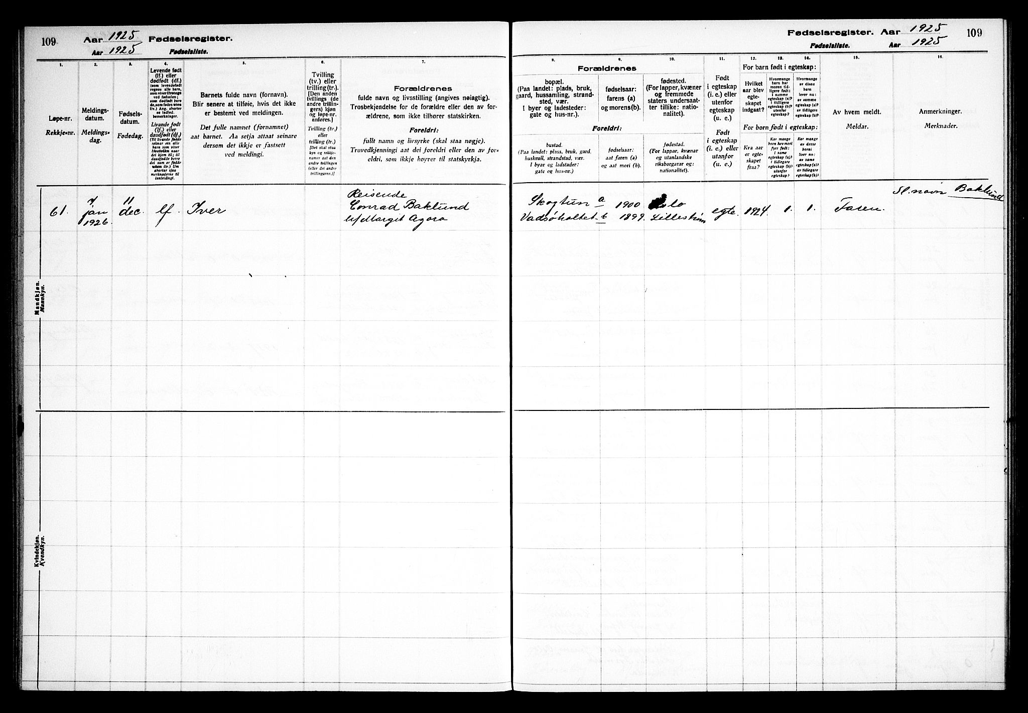Skedsmo prestekontor Kirkebøker, SAO/A-10033a/J/Jb/L0001: Birth register no. II 1, 1916-1932, p. 109