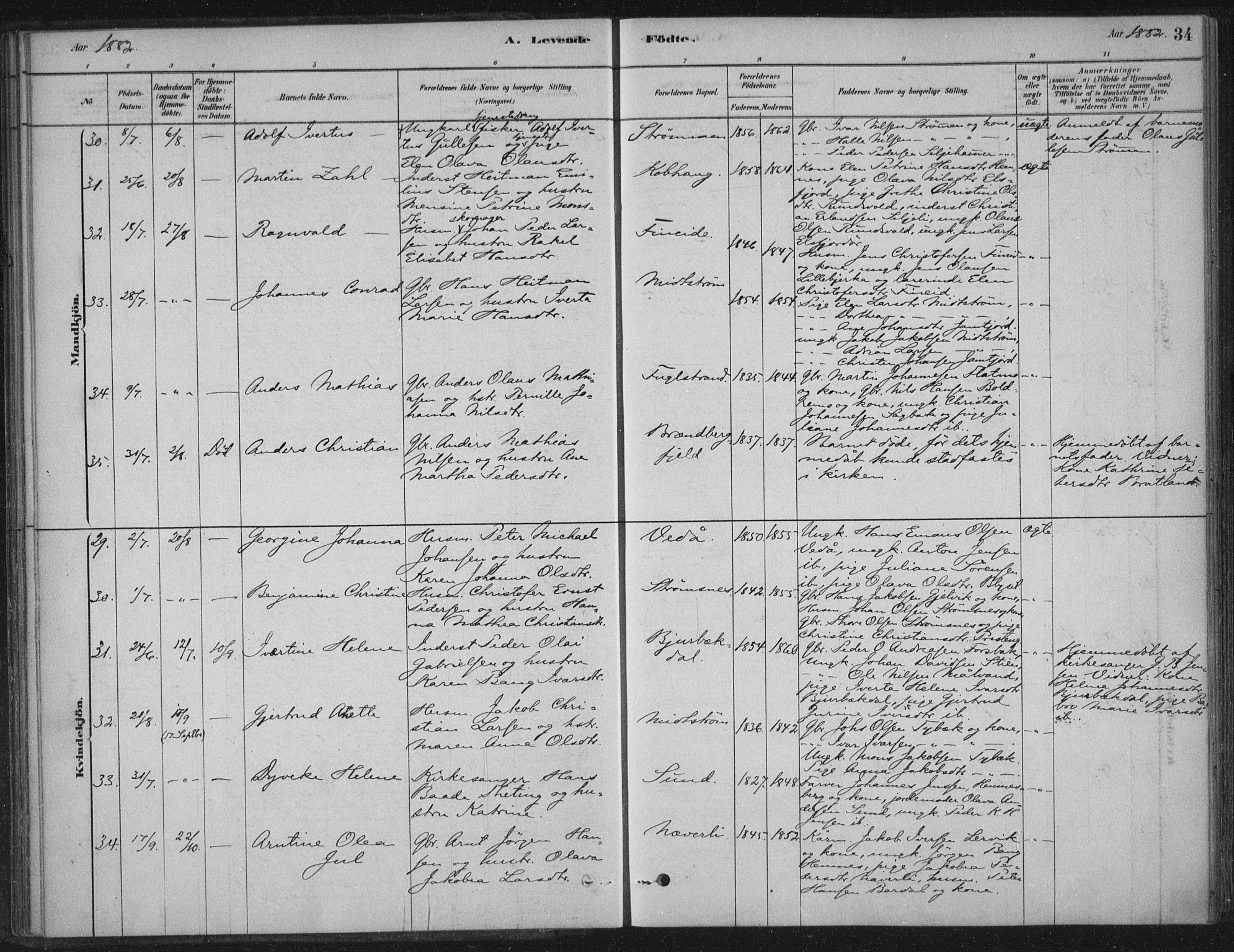Ministerialprotokoller, klokkerbøker og fødselsregistre - Nordland, AV/SAT-A-1459/825/L0361: Parish register (official) no. 825A15, 1878-1893, p. 34