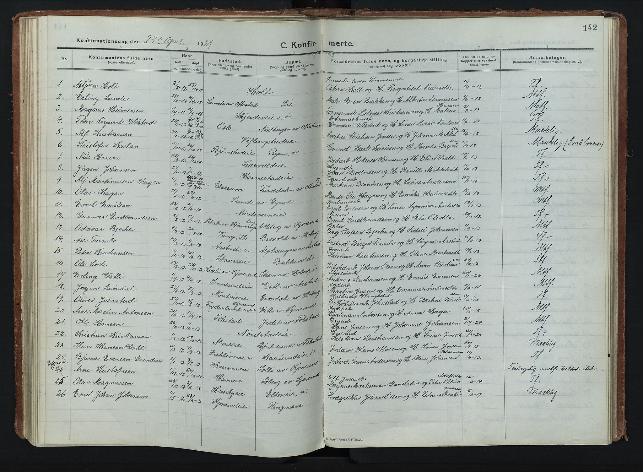 Stange prestekontor, AV/SAH-PREST-002/K/L0028: Parish register (official) no. 28, 1913-1932, p. 142