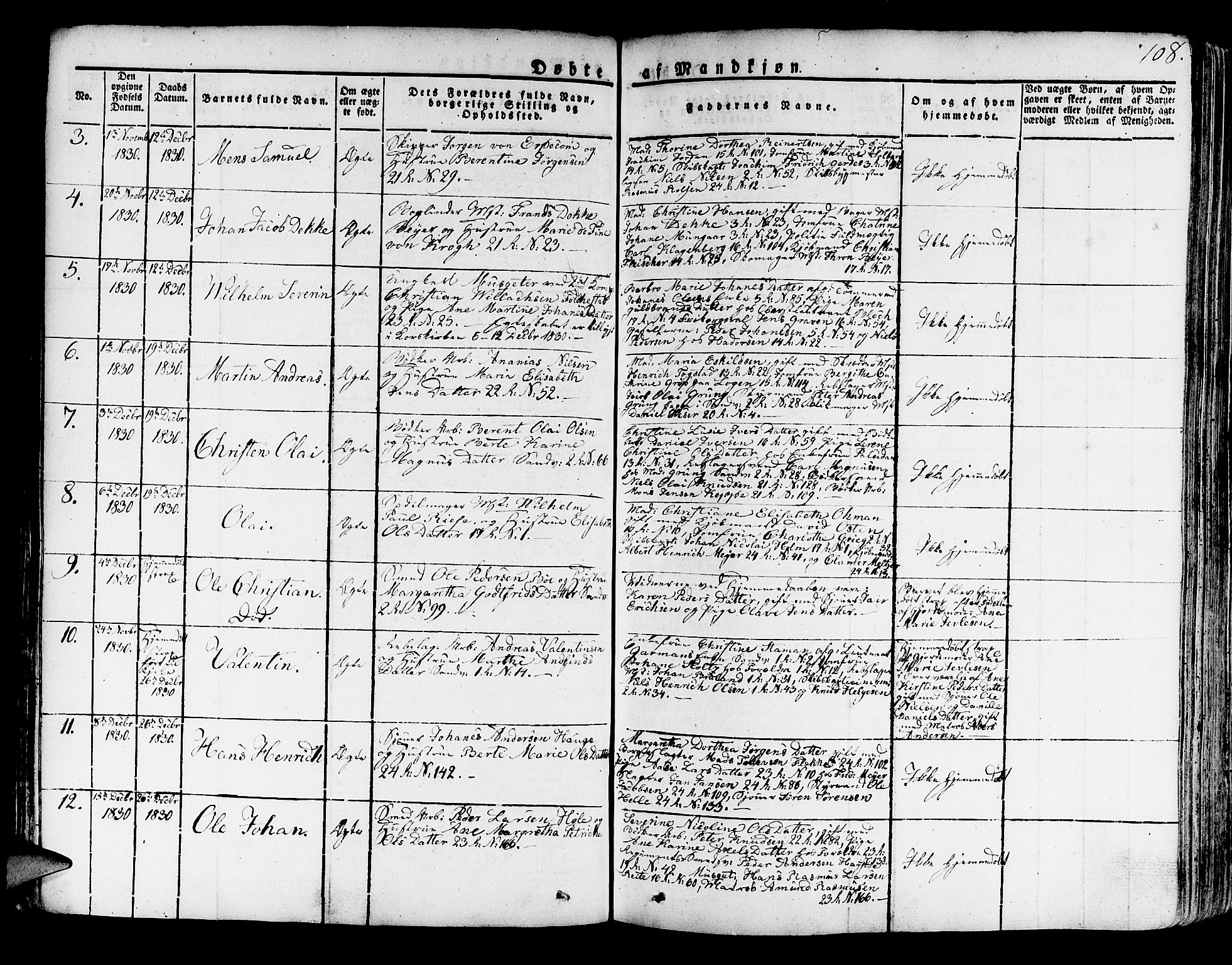 Korskirken sokneprestembete, AV/SAB-A-76101/H/Haa/L0014: Parish register (official) no. A 14, 1823-1835, p. 108