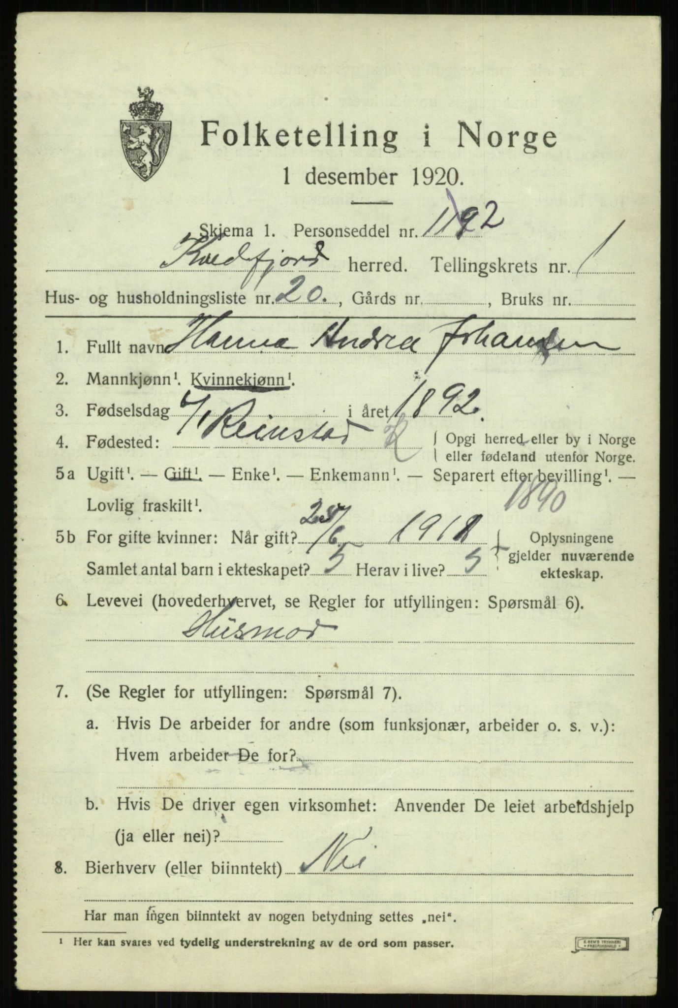 SATØ, 1920 census for Kvæfjord, 1920, p. 1413