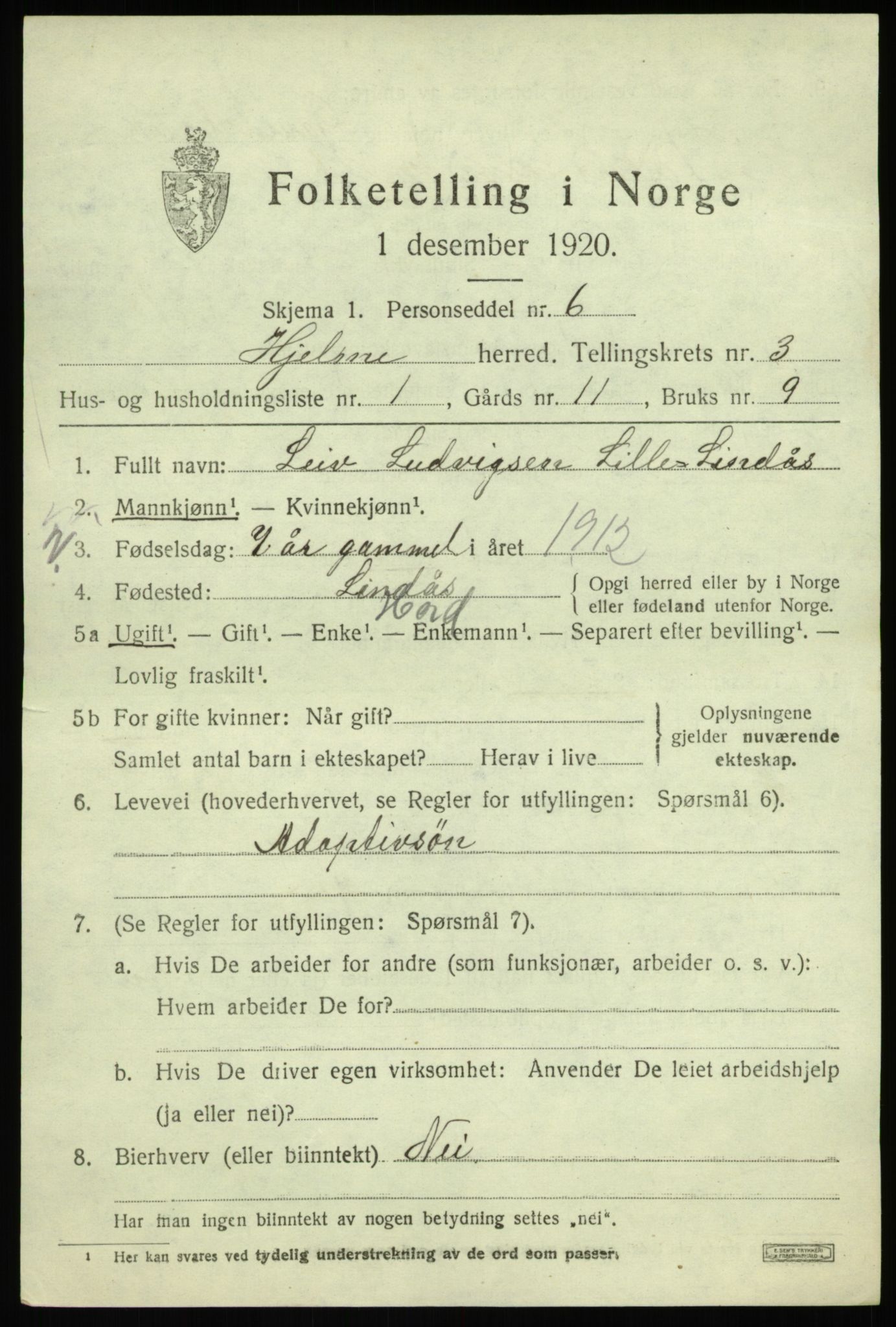 SAB, 1920 census for Hjelme, 1920, p. 1944